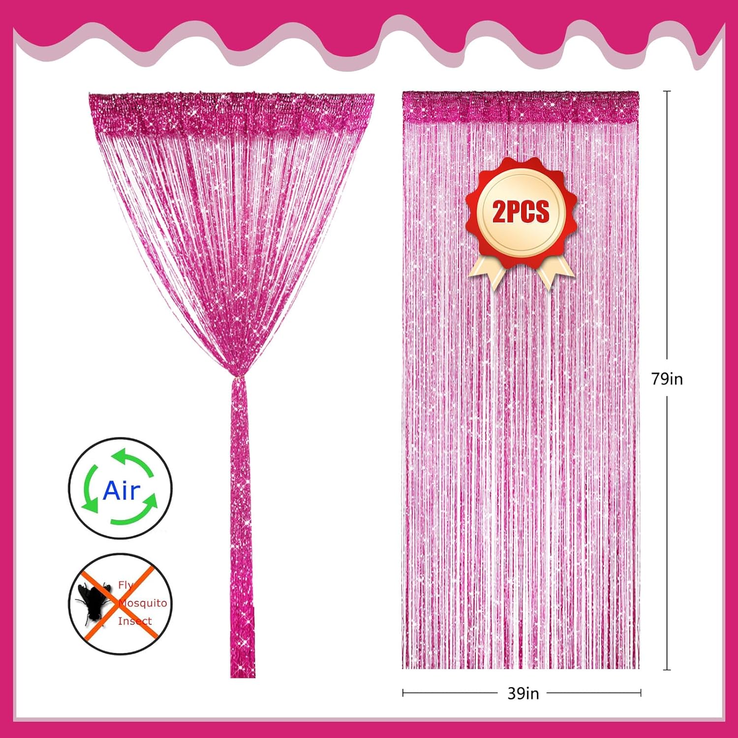 2 Pieces Fuchsia Glitter String Curtains with Tassels