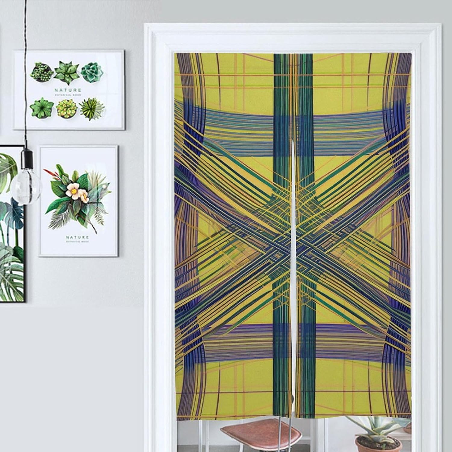 Japanese Noren Door Curtain with Yellow Purple Plaid Design