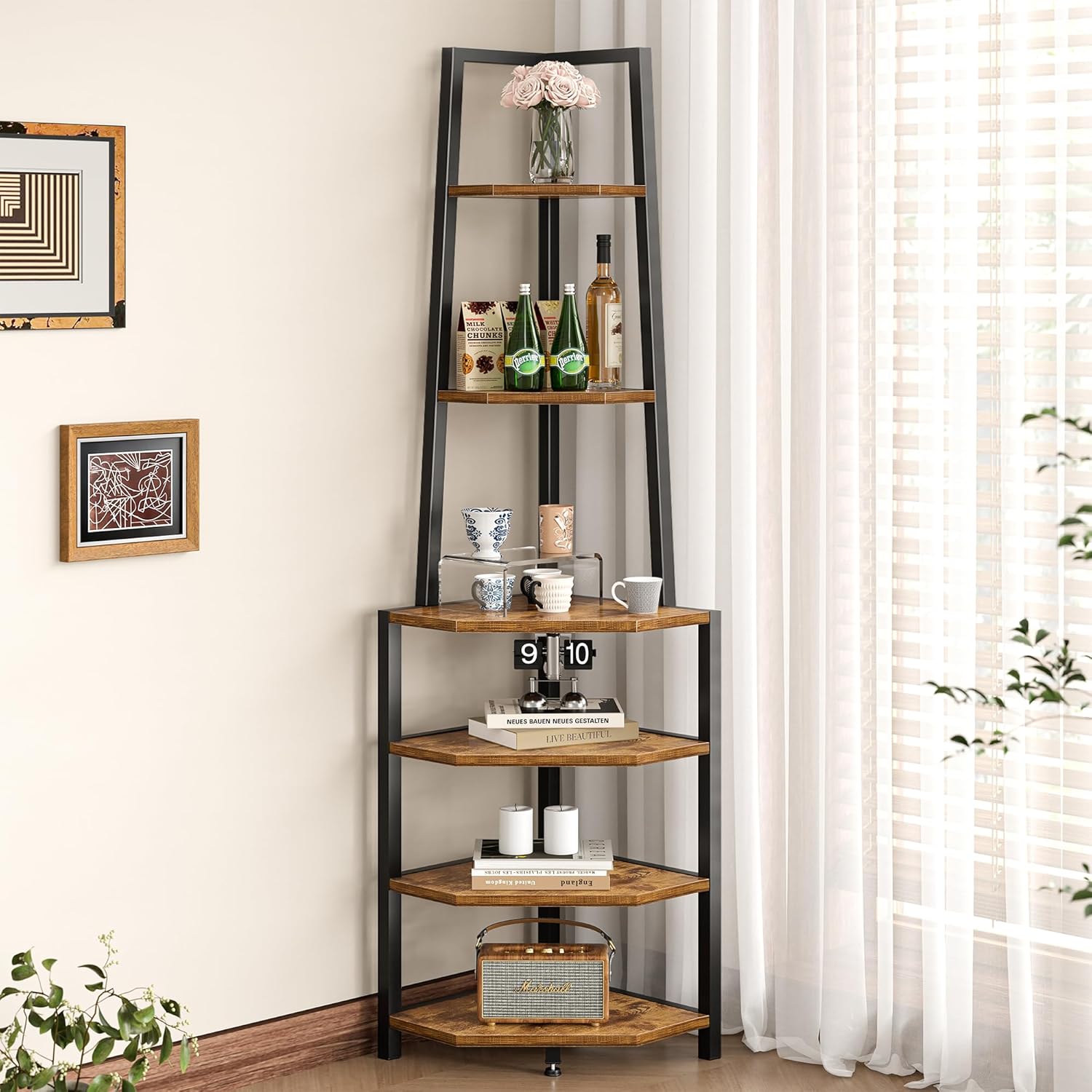 VECELO 6 Tier Corner Shelf Industrial Bookshelf Brown