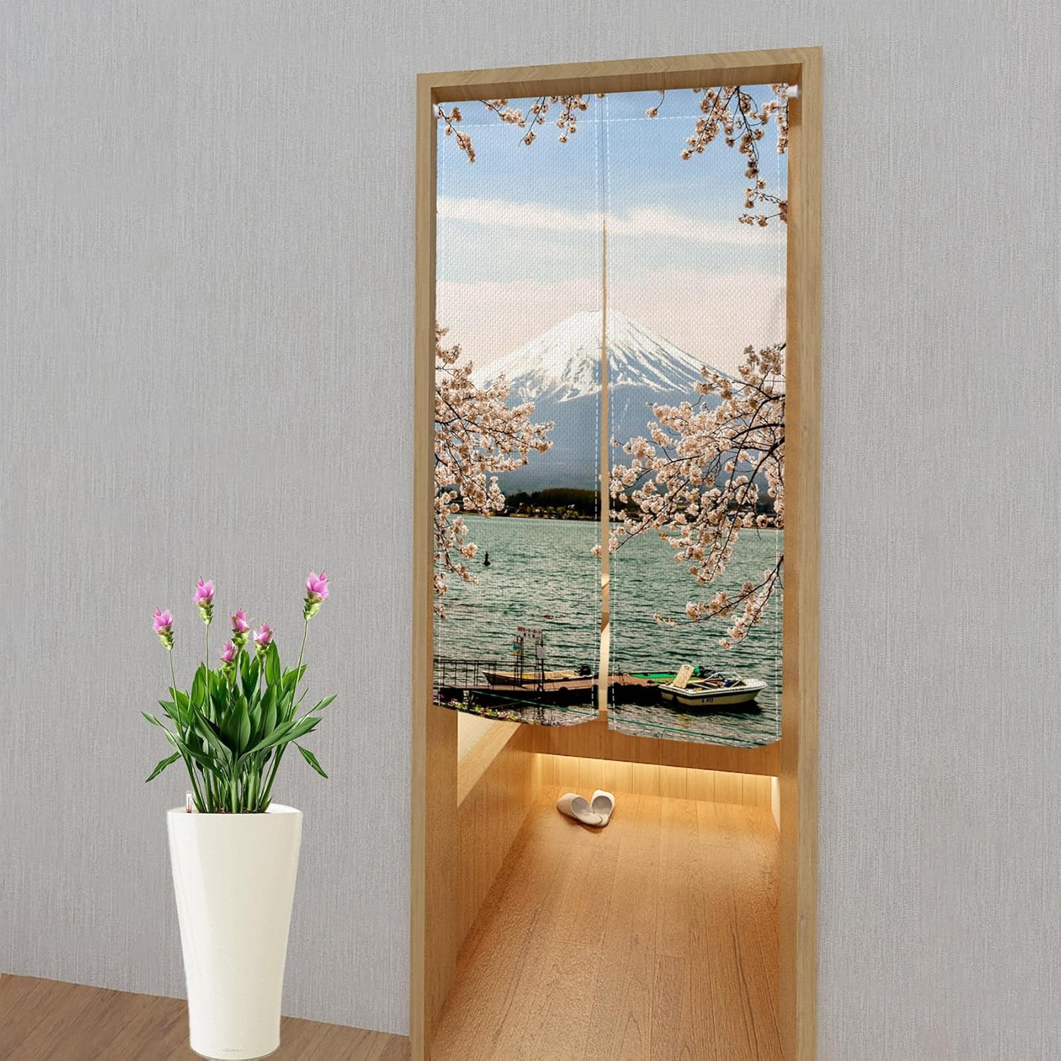 Traditional Japanese Noren Door Curtain with Mount Fuji Cherry Blossom Design