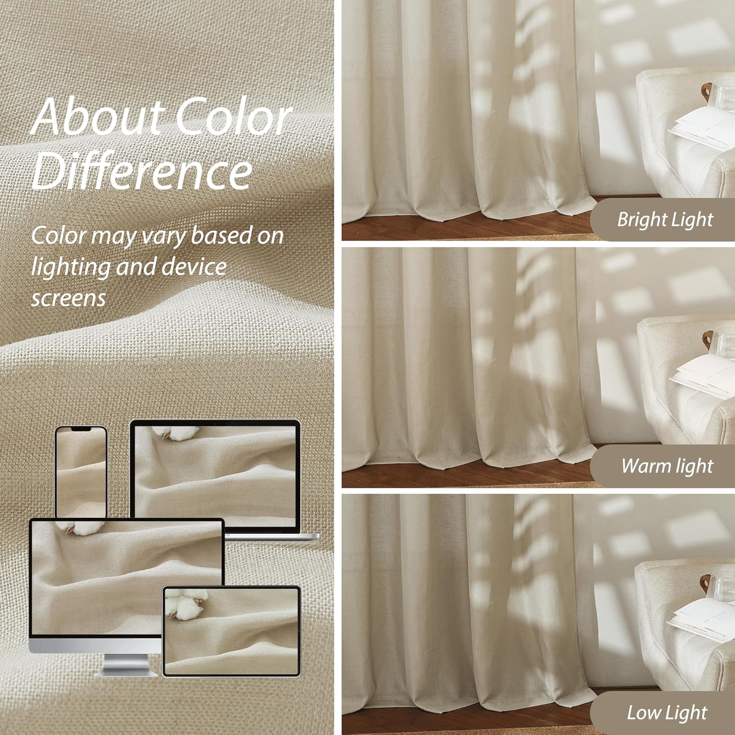 RYB HOME Taupe Sheer Curtains - Flax Linen Blend 70x84 inch 2 Pcs