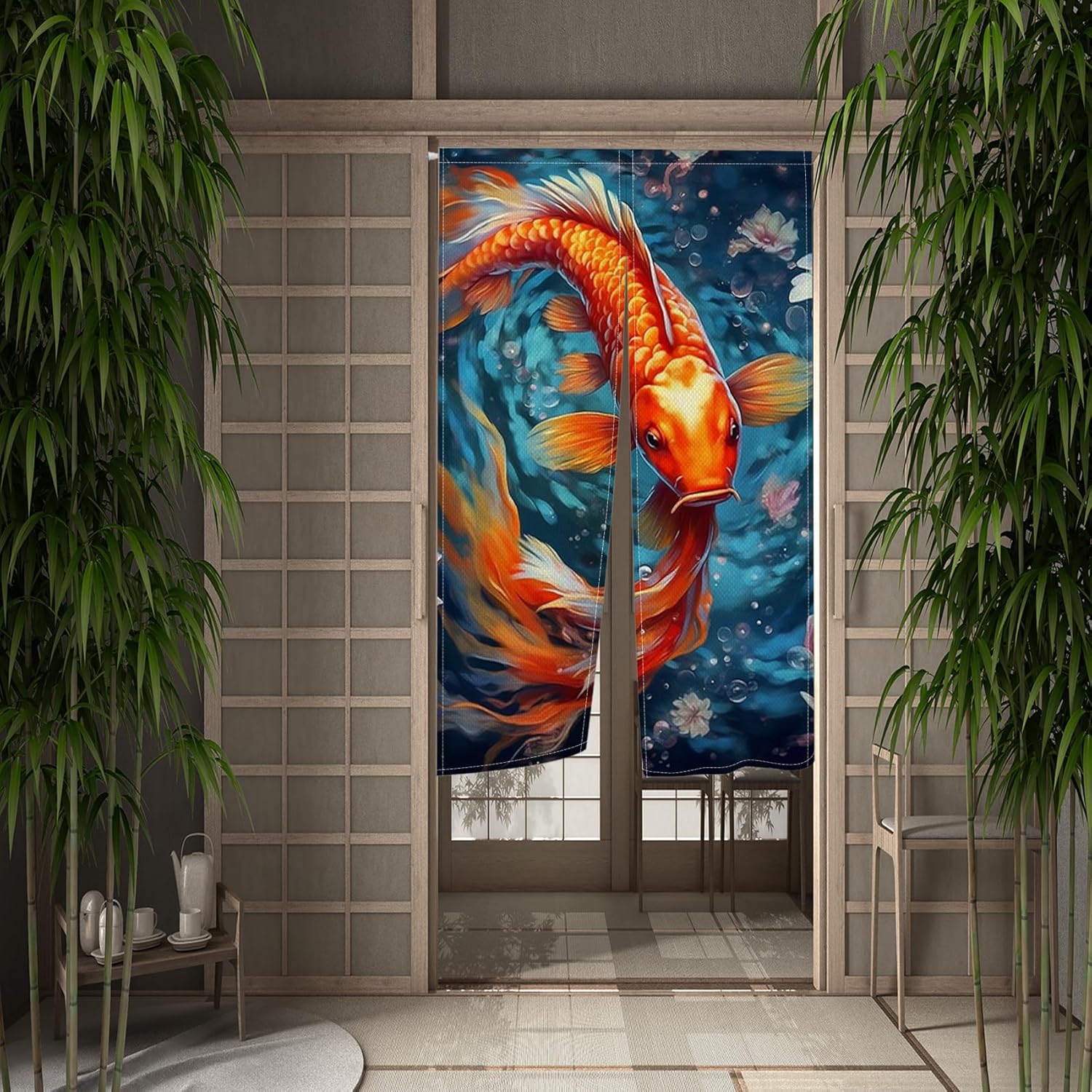Red Golden Koi Noren Doorway Curtain for Kitchen