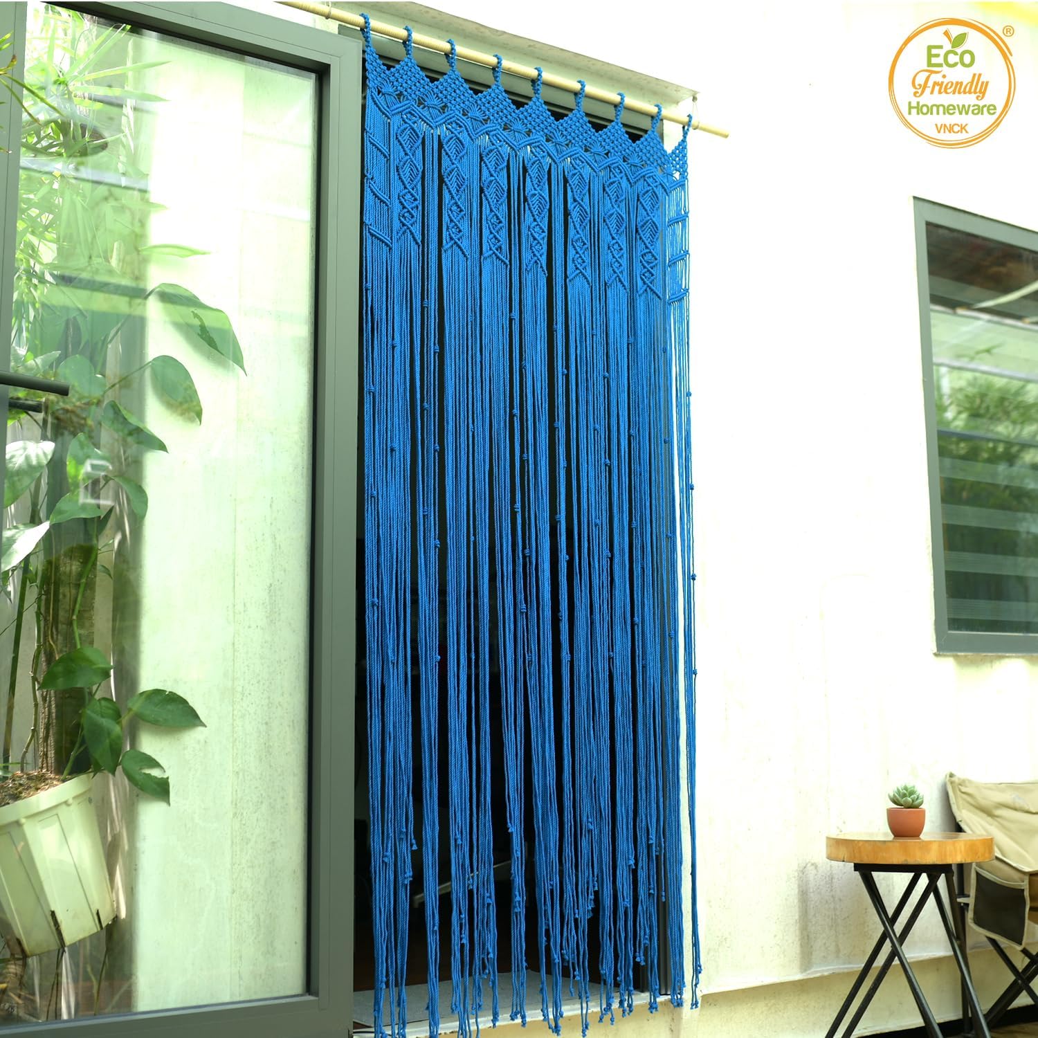 Macrame Curtain Boho Beaded Doorway Hanging Blue 77x35 Inch