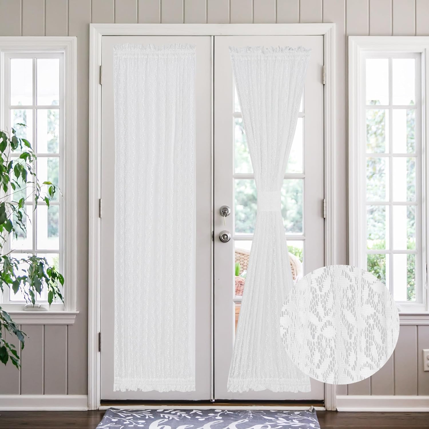 White Lace Panel with Tieback for French Doors and Windows