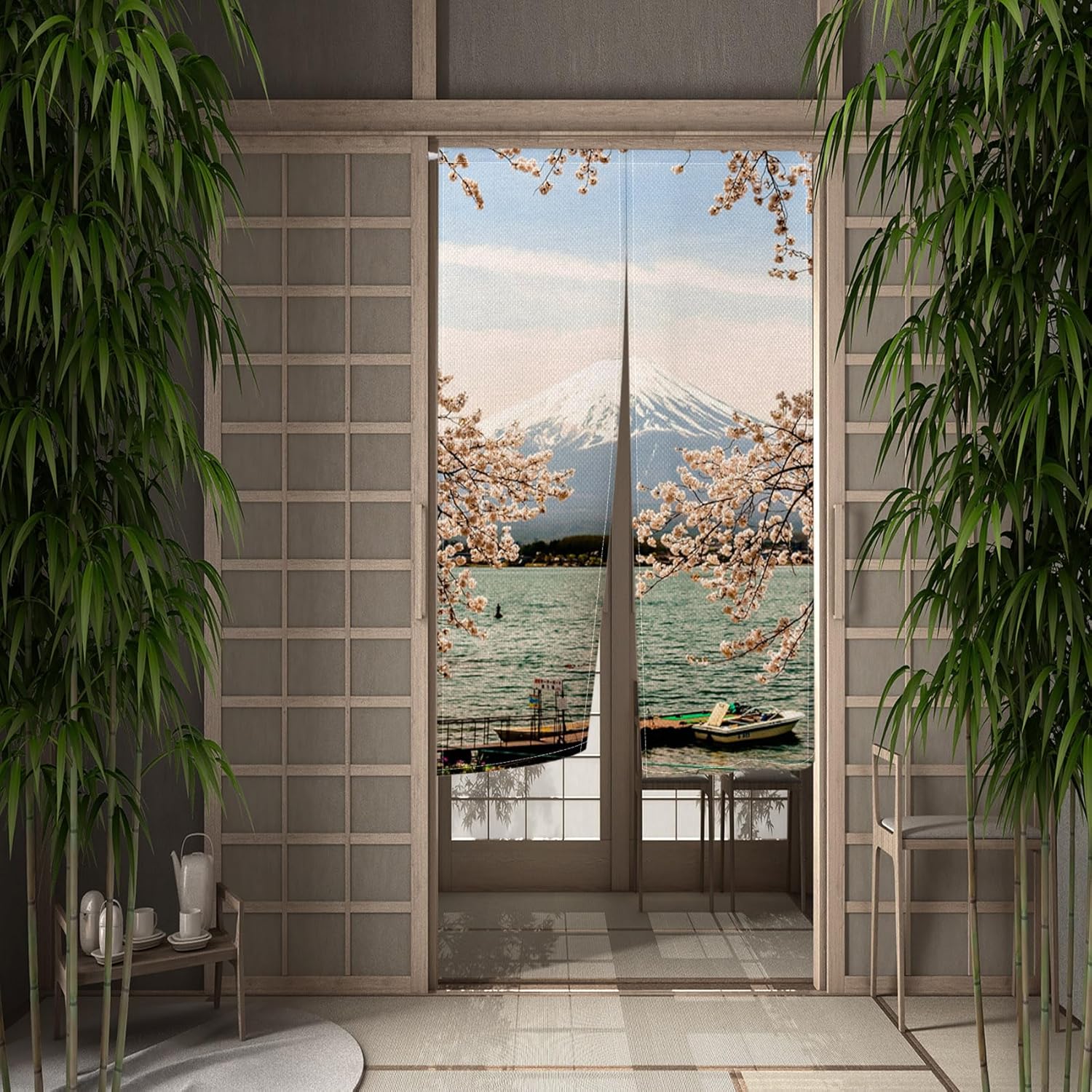 Traditional Japanese Noren Door Curtain with Mount Fuji Cherry Blossom Design