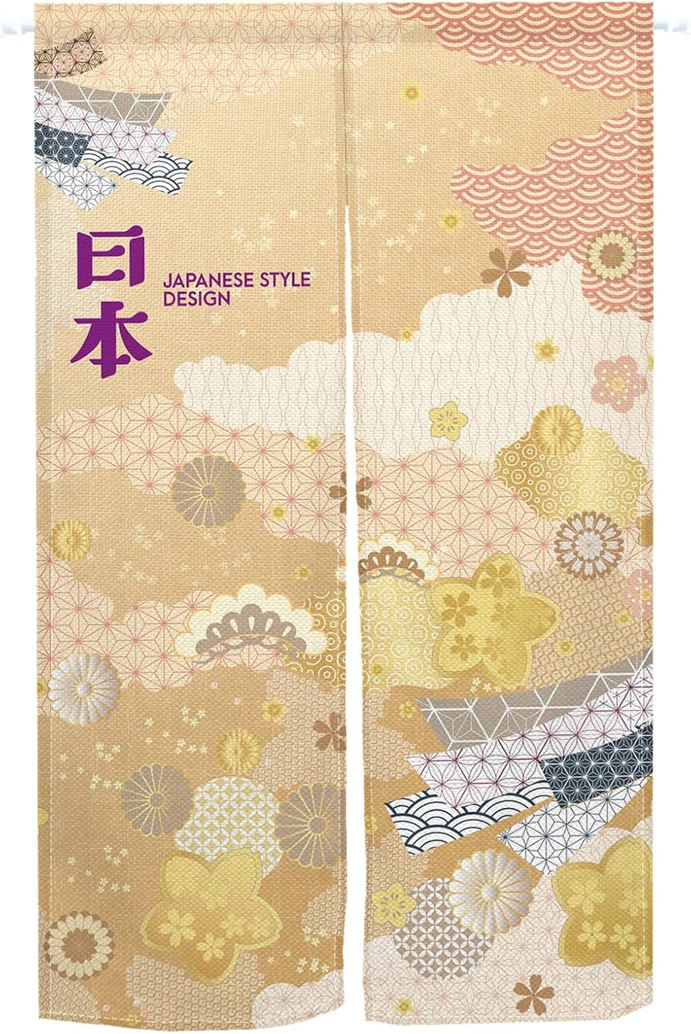 Japanese Style Noren Door Curtain with Flowers and Waves Pattern