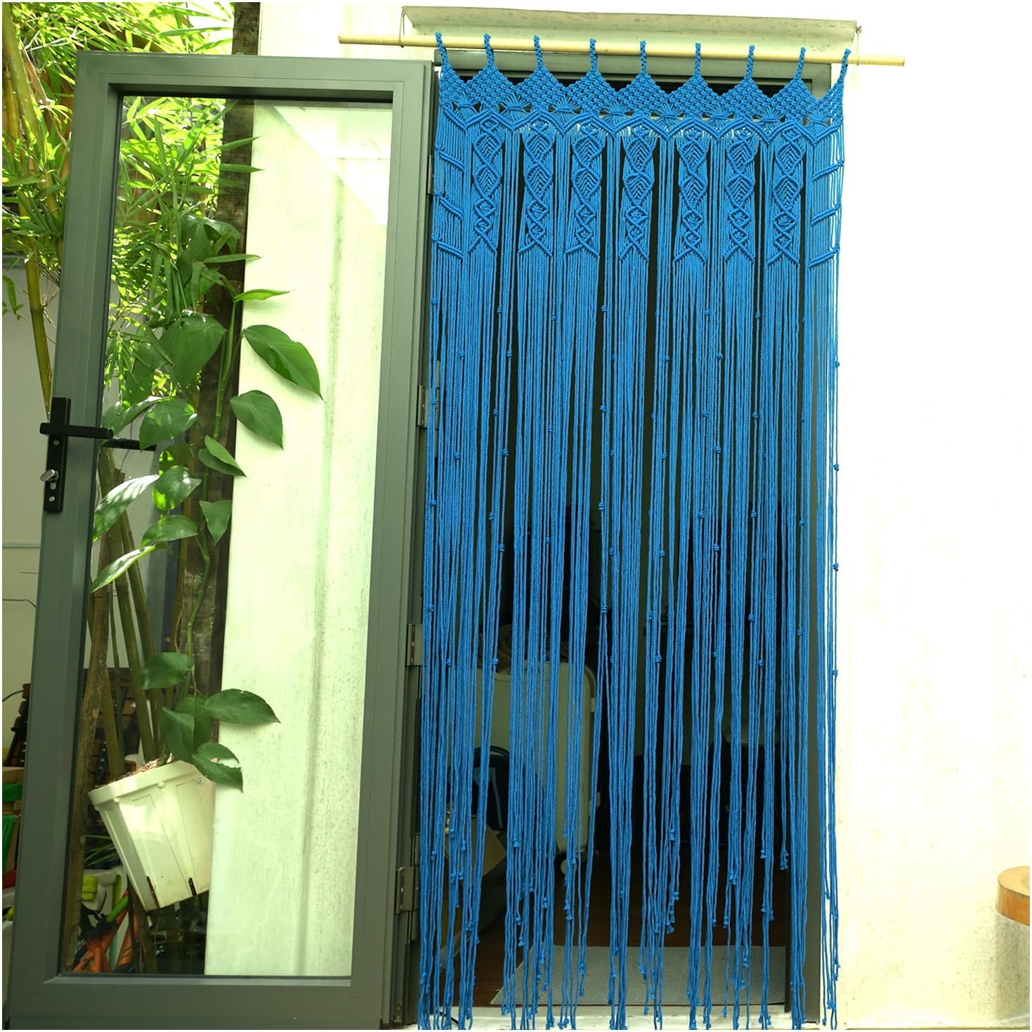 Macrame Curtain Boho Beaded Doorway Hanging Blue 77x35 Inch