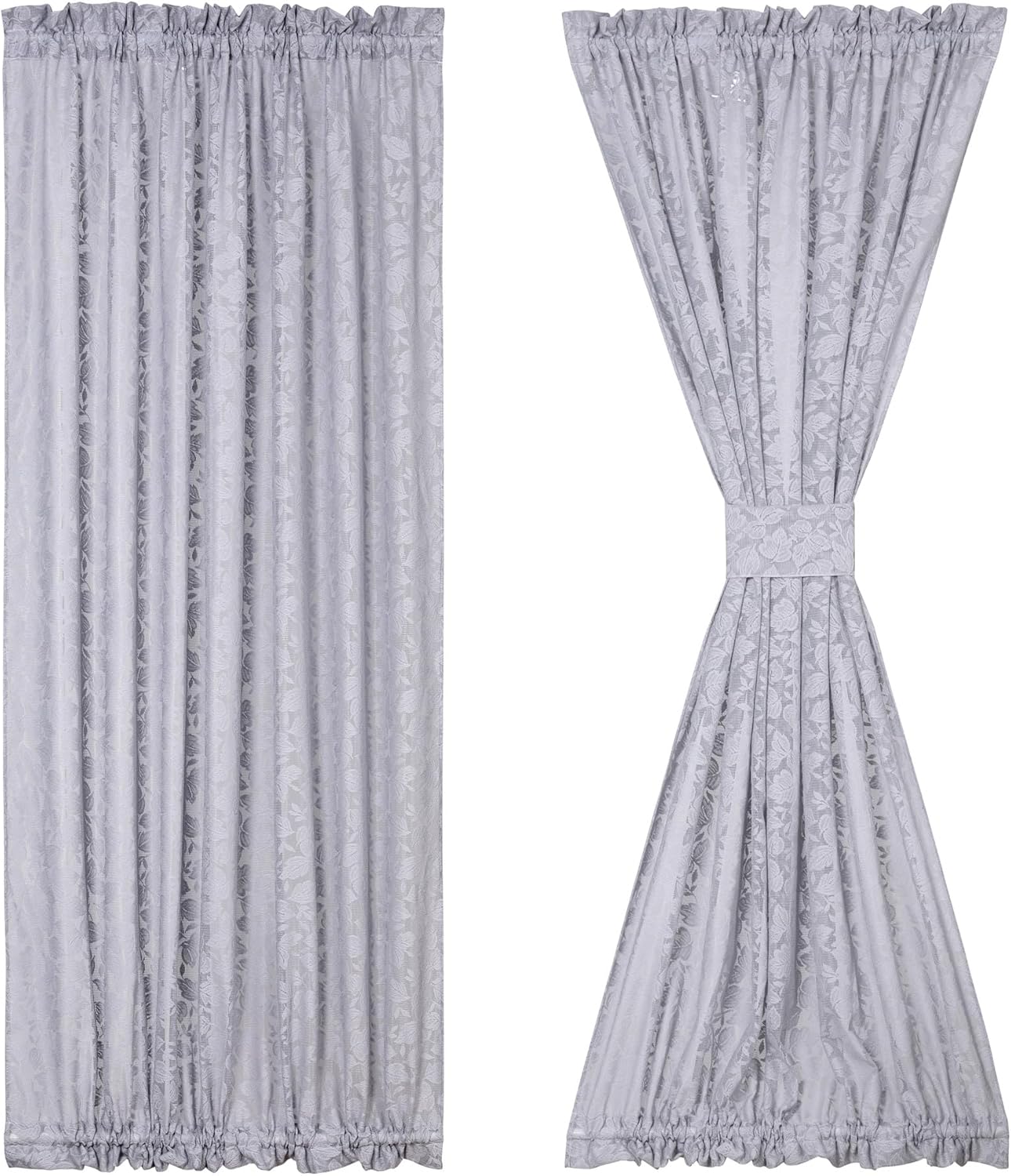 Lace French Door Curtain Grey Leaves 72 Inch 2 Pack