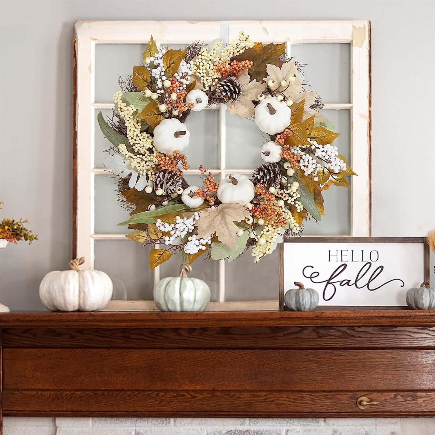 Ochine White Pumpkin Fall Wreath with Sunflowers and Leaves