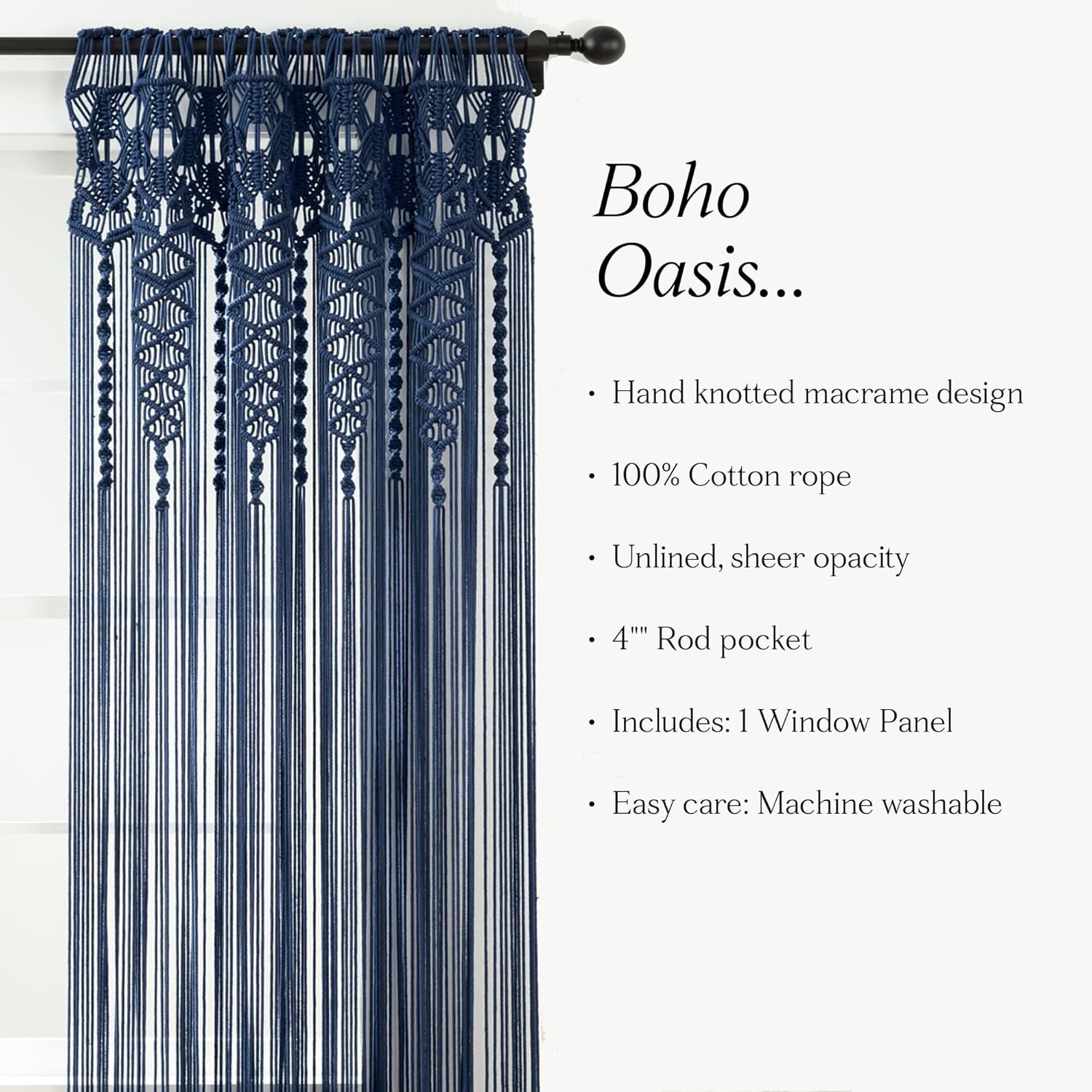 Boho Macrame Cotton Curtain Panel 40x84 Navy