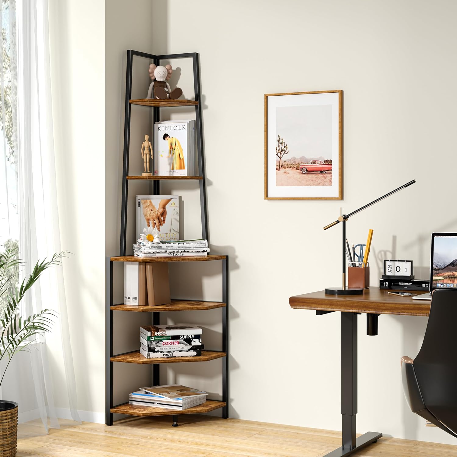 VECELO 6 Tier Corner Shelf Industrial Bookshelf Brown