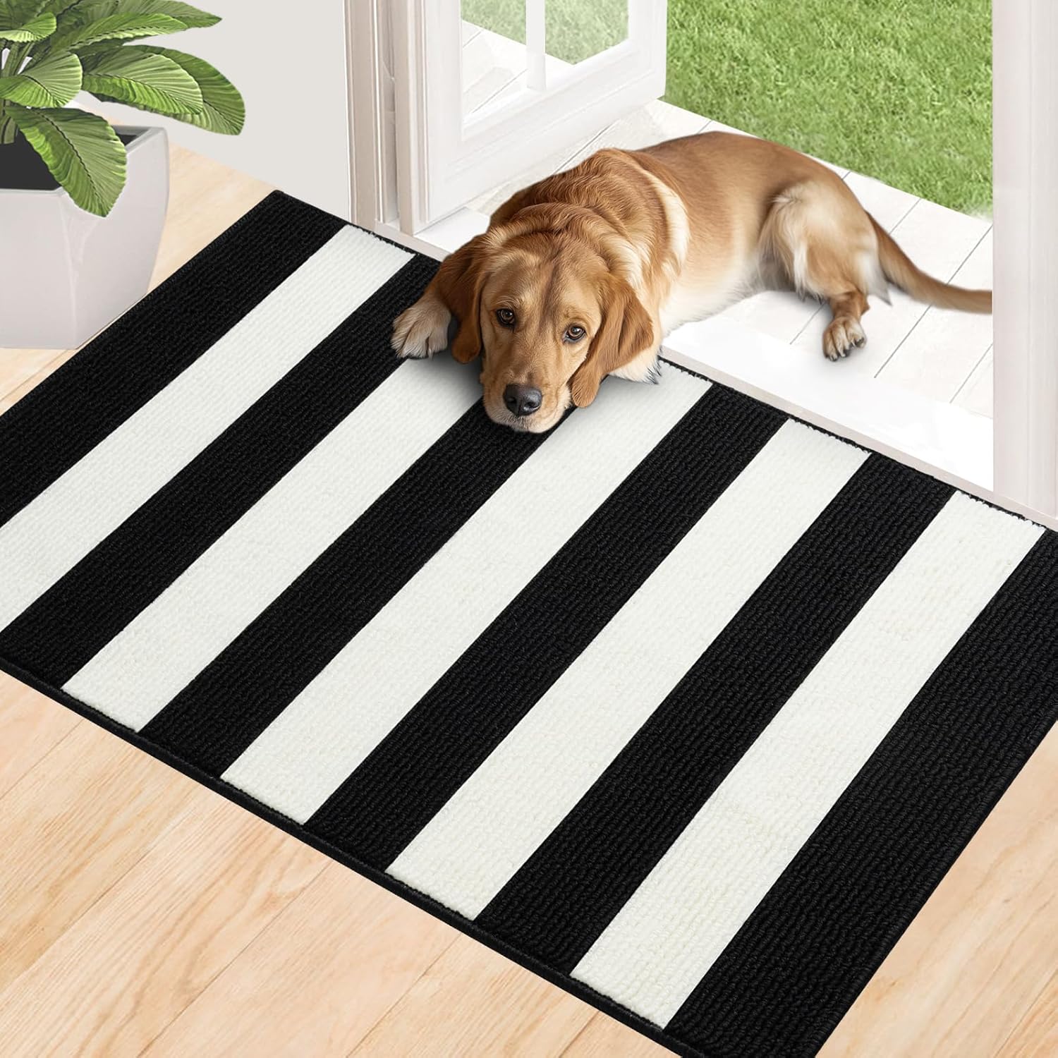 Timo Black and White Striped Entryway Door Mat 20x32