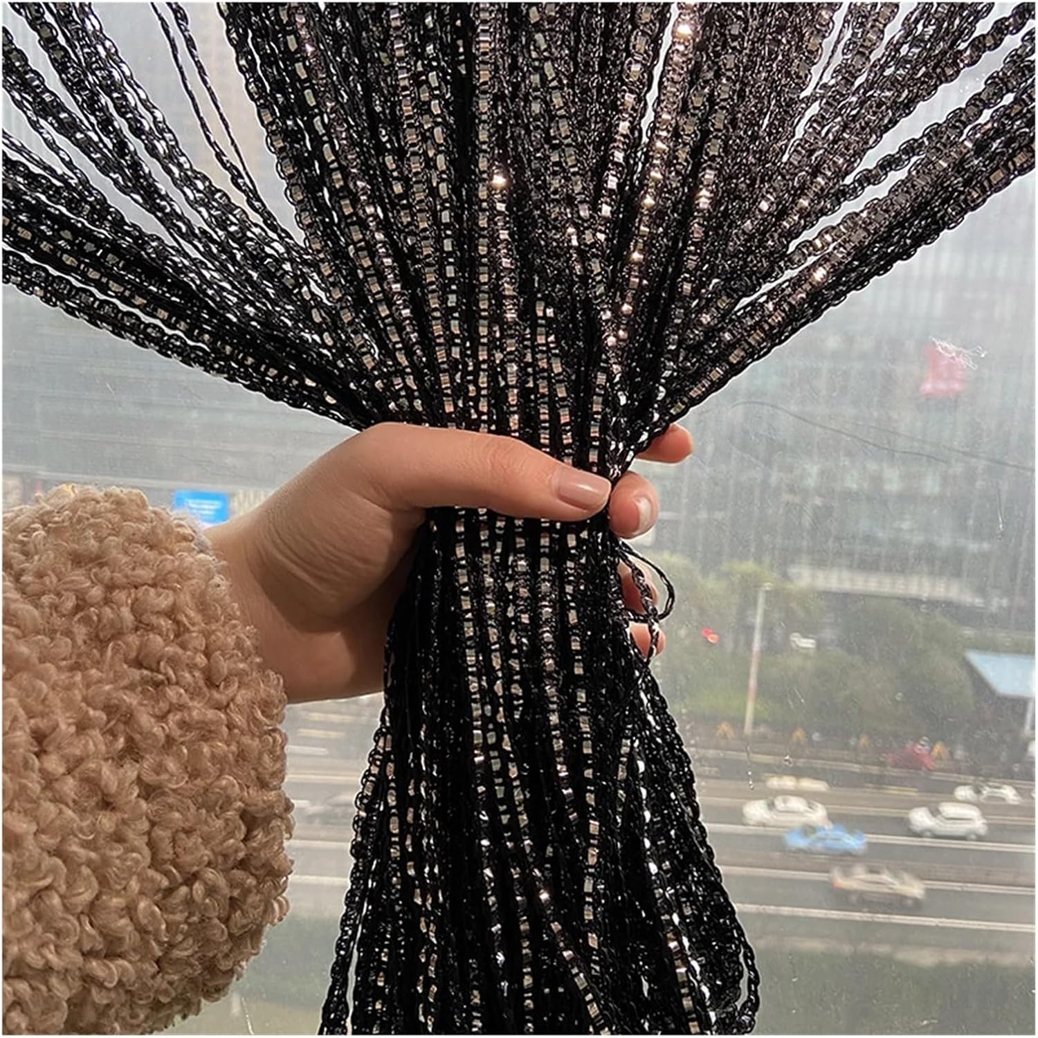 Shiny Tassel String Curtains for Doorways Blue 100x200cm