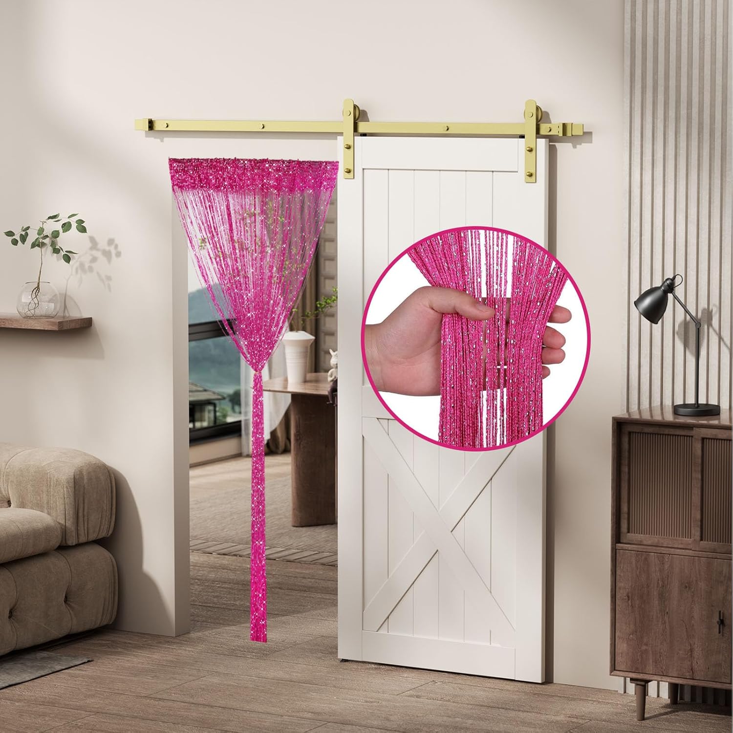 2 Pieces Fuchsia Glitter String Curtains with Tassels