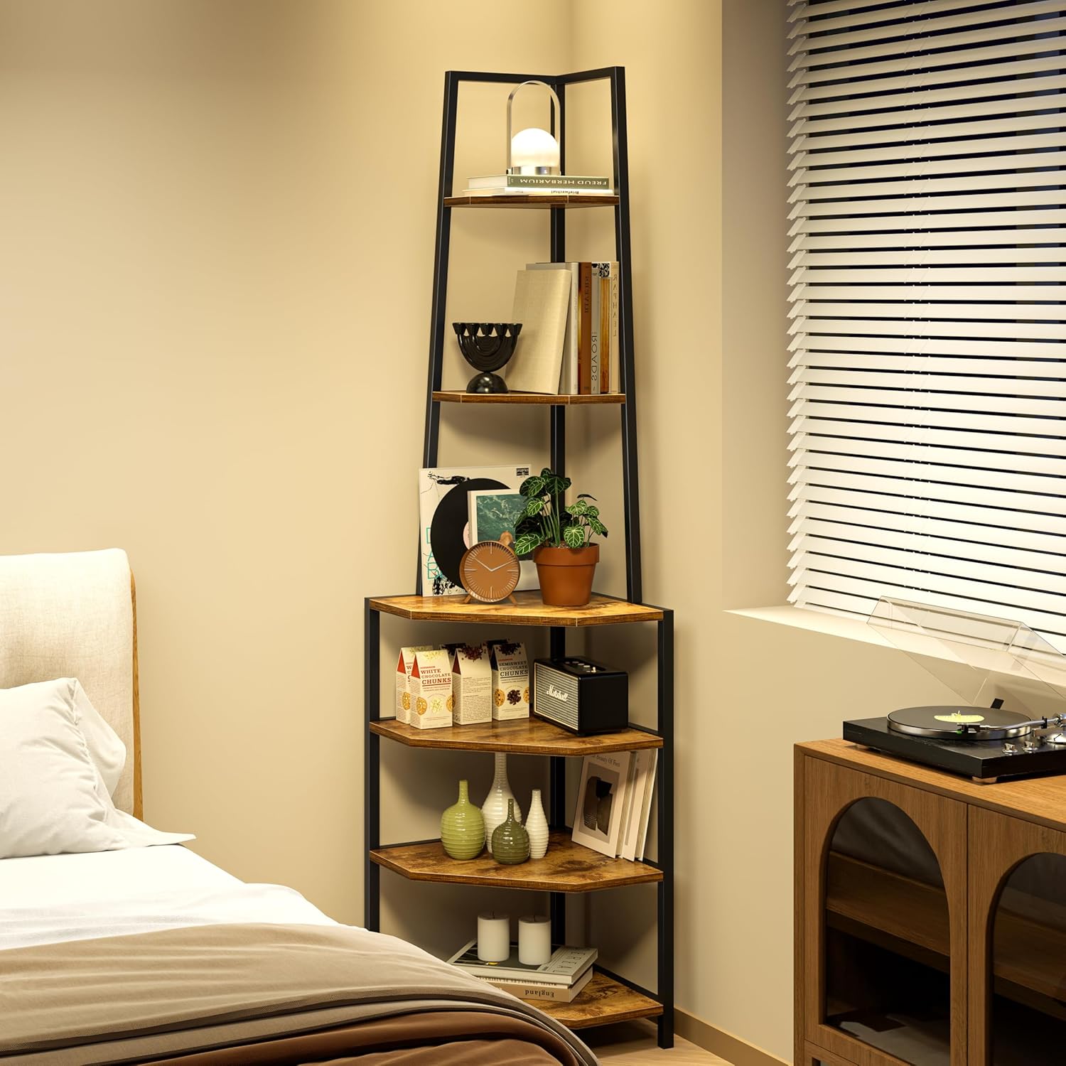VECELO 6 Tier Corner Shelf Industrial Bookshelf Brown