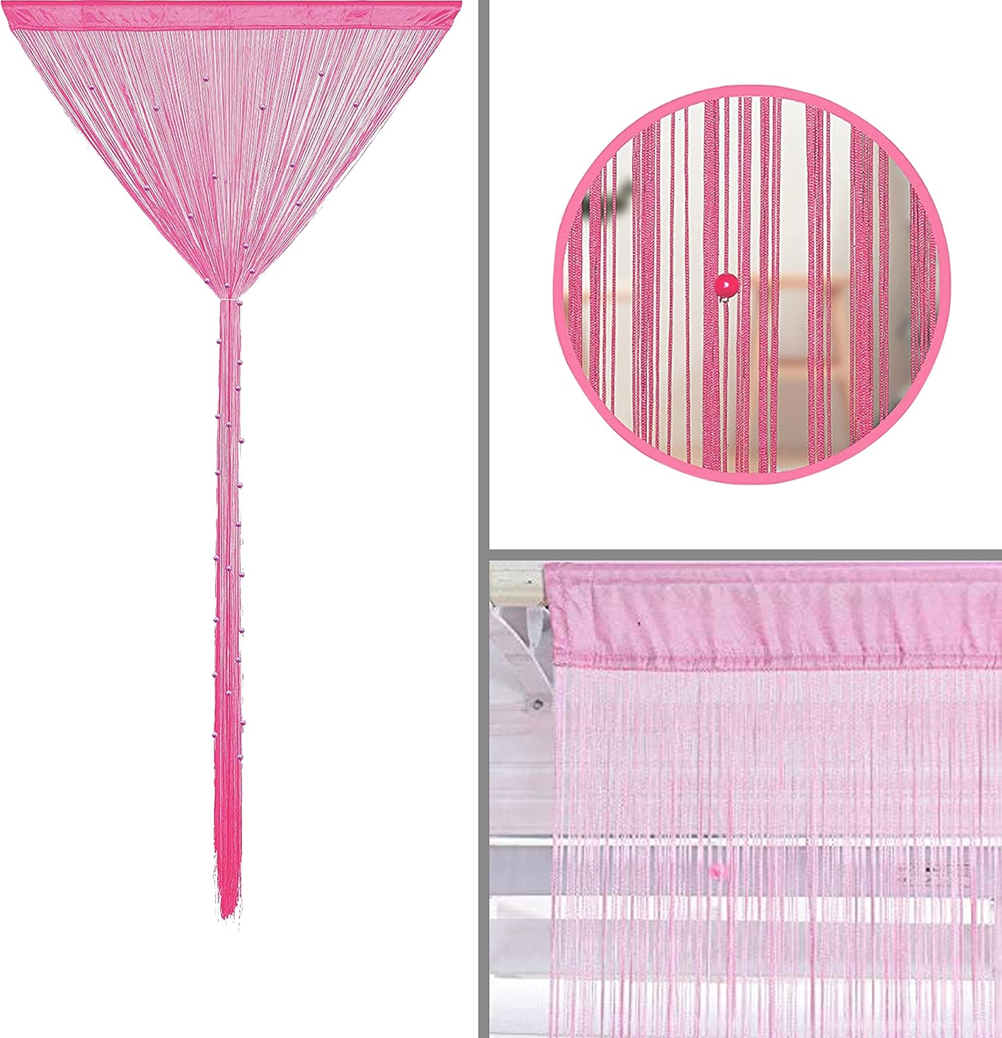 Beaded Curtain with Telescopic Rod Pink 100x200cm