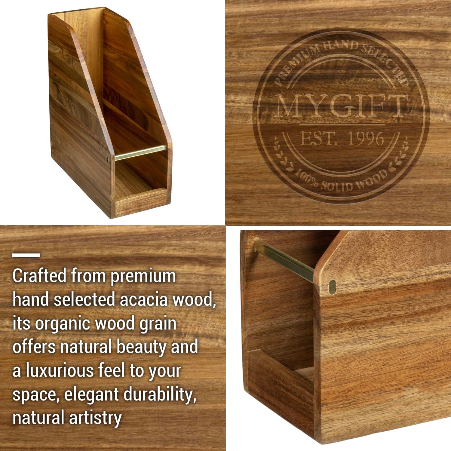 MyGift Premium Hotel Series Solid Acacia Wood Magazine Holder with Brass Metal Accent