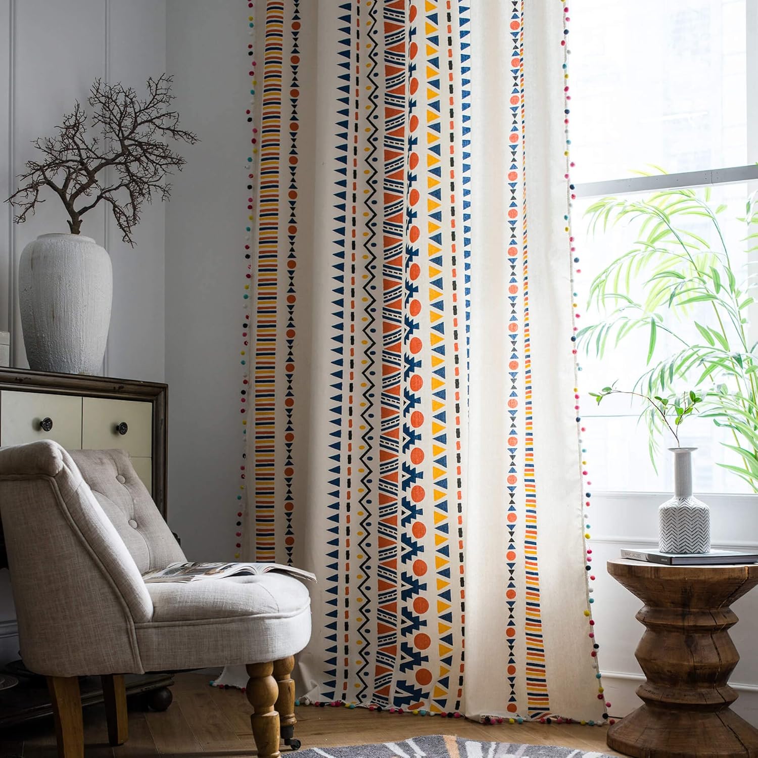 VOGOL Cotton Linen Pom Pom Curtains 59x79 Inches