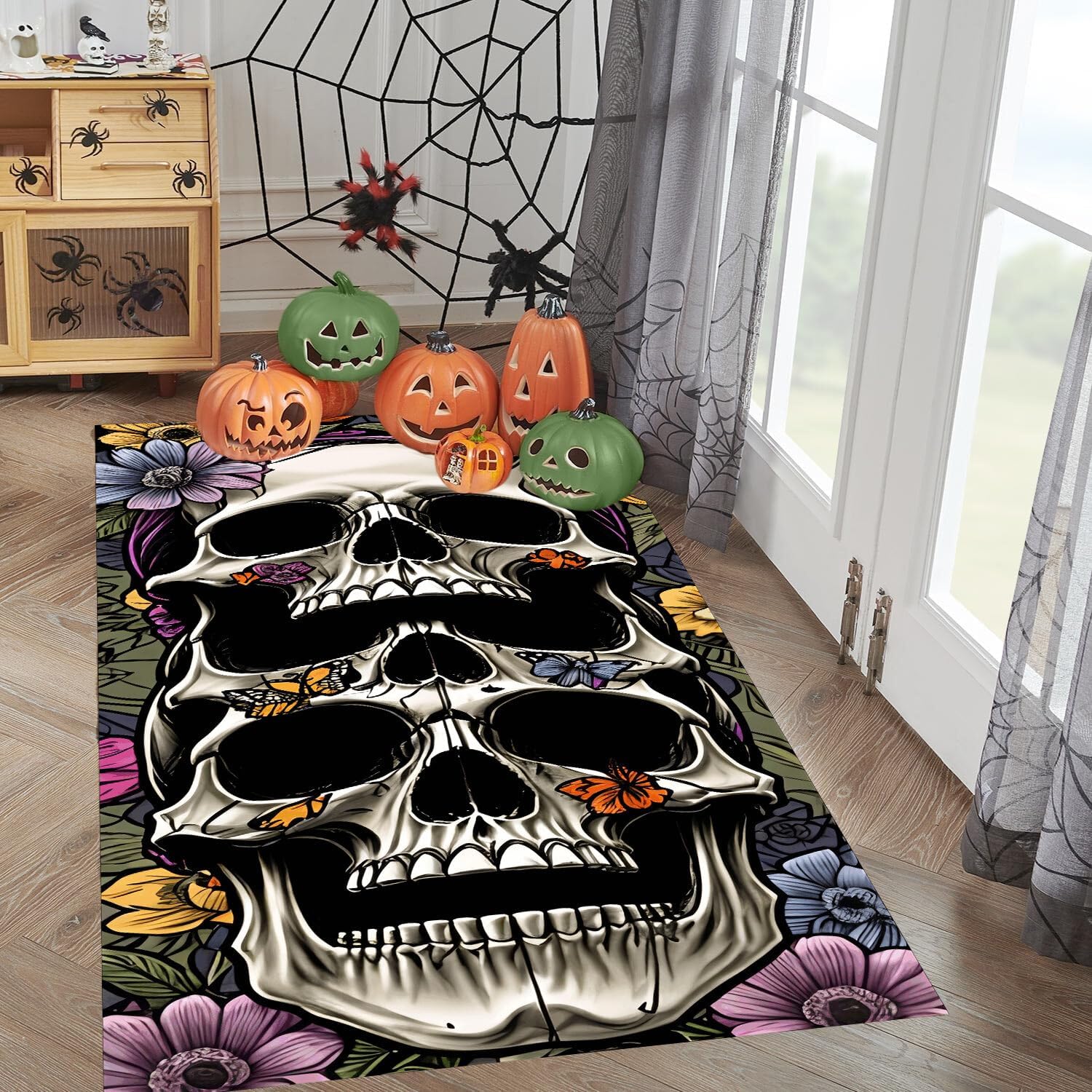 Halloween Skull Runner Rug 26x10ft Butterfly Floral Pattern Carpet