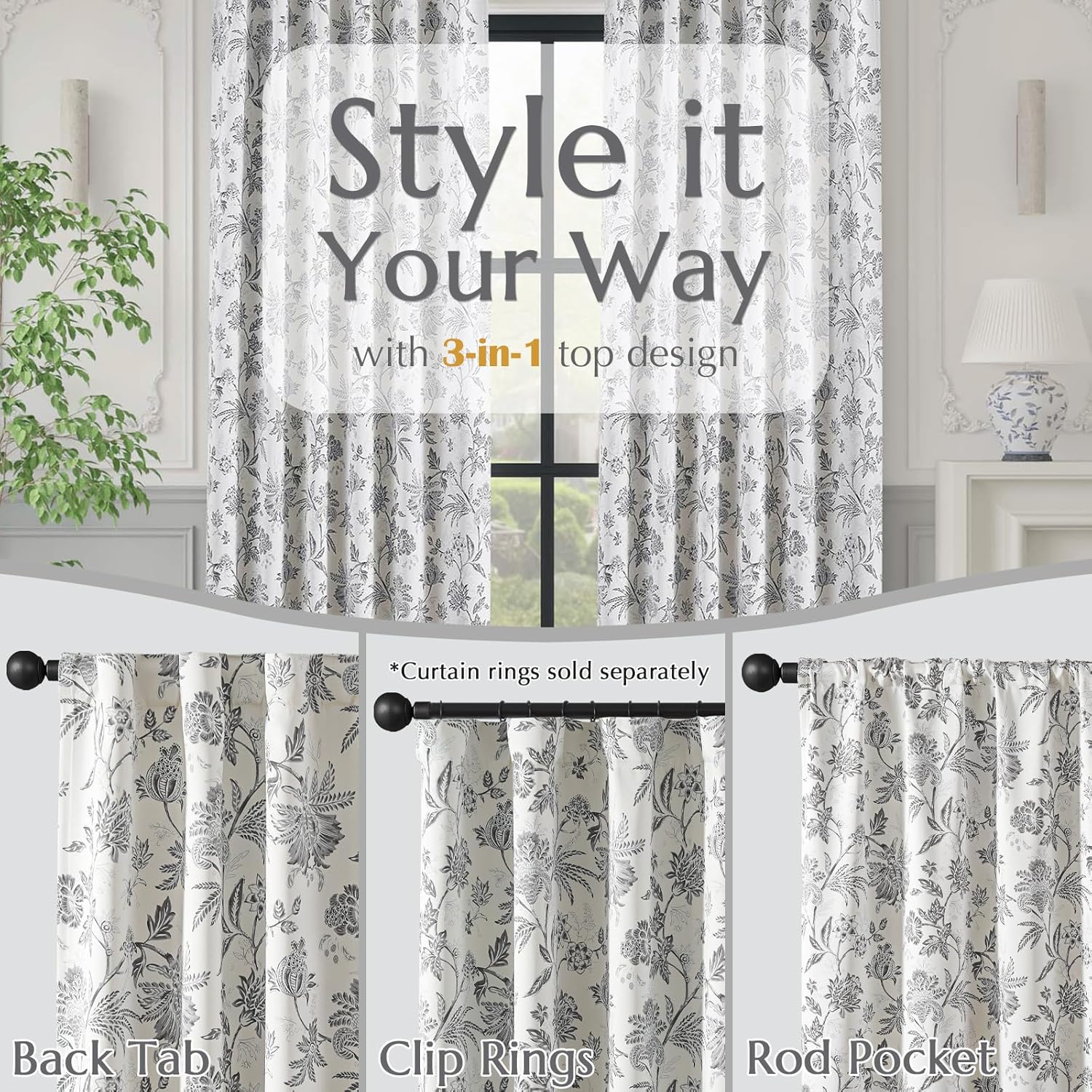 Vangao Floral Blackout Curtains 84 Inch 2 Panels