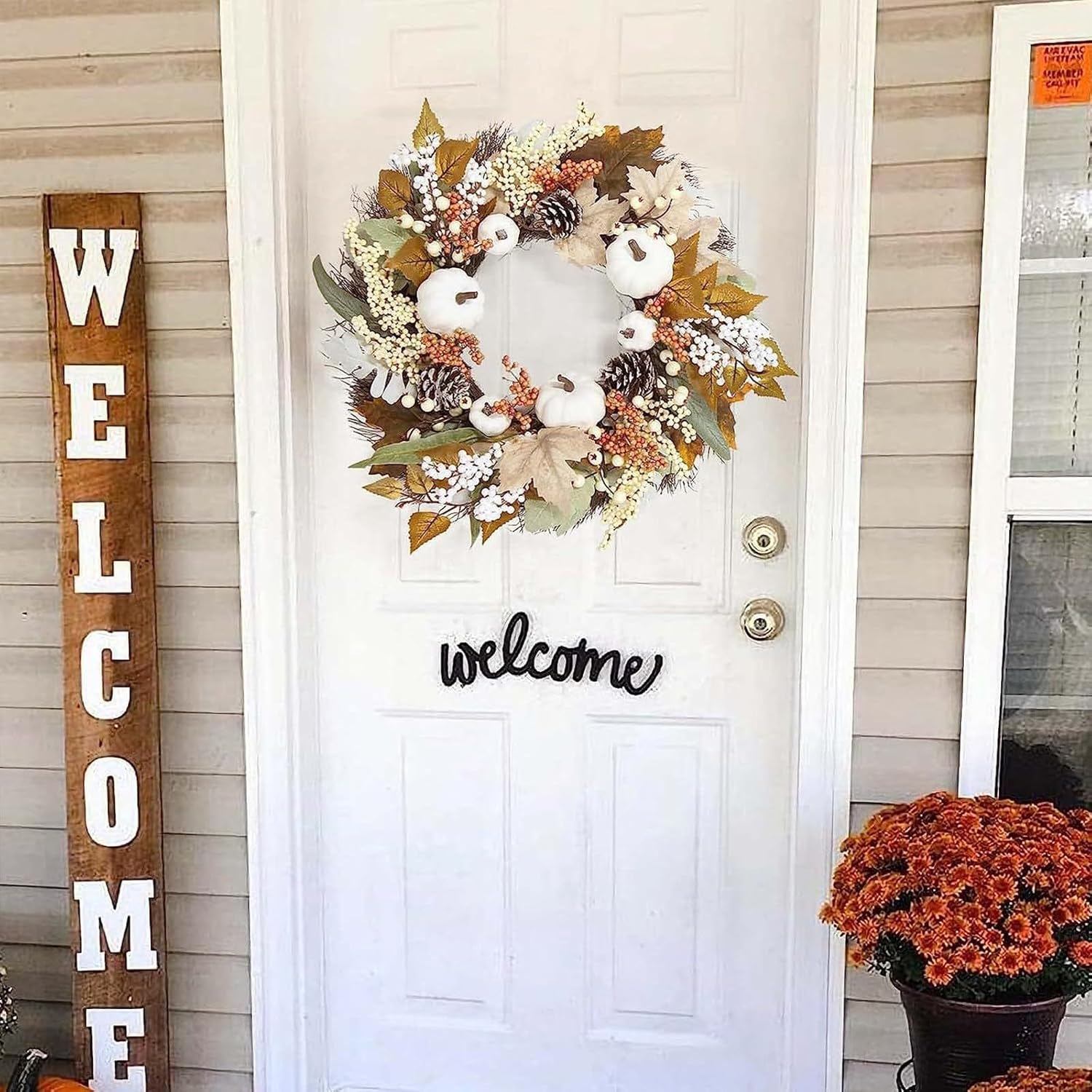 Ochine White Pumpkin Fall Wreath with Sunflowers and Leaves