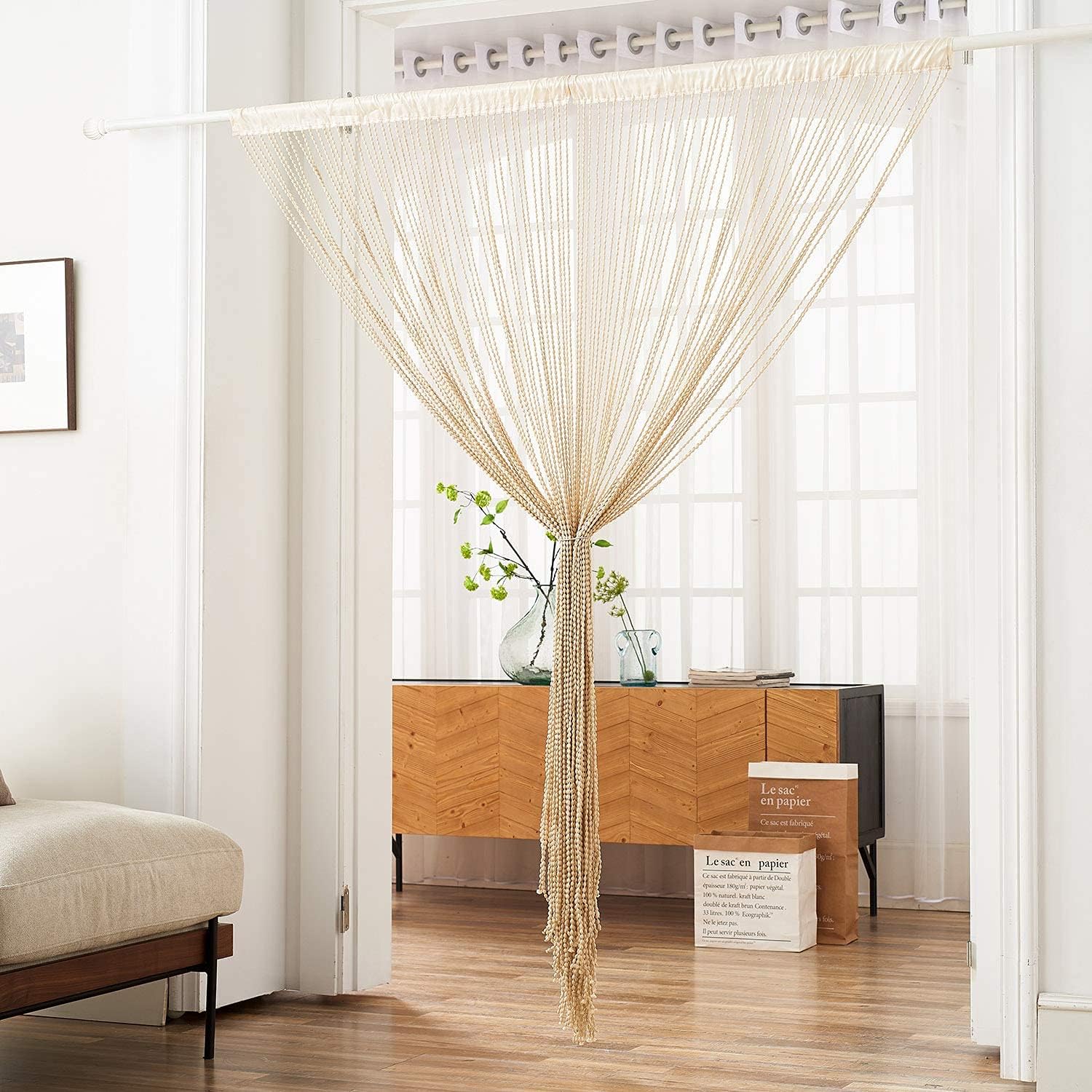 Boho Spaghetti String Curtain Panel Light Beige