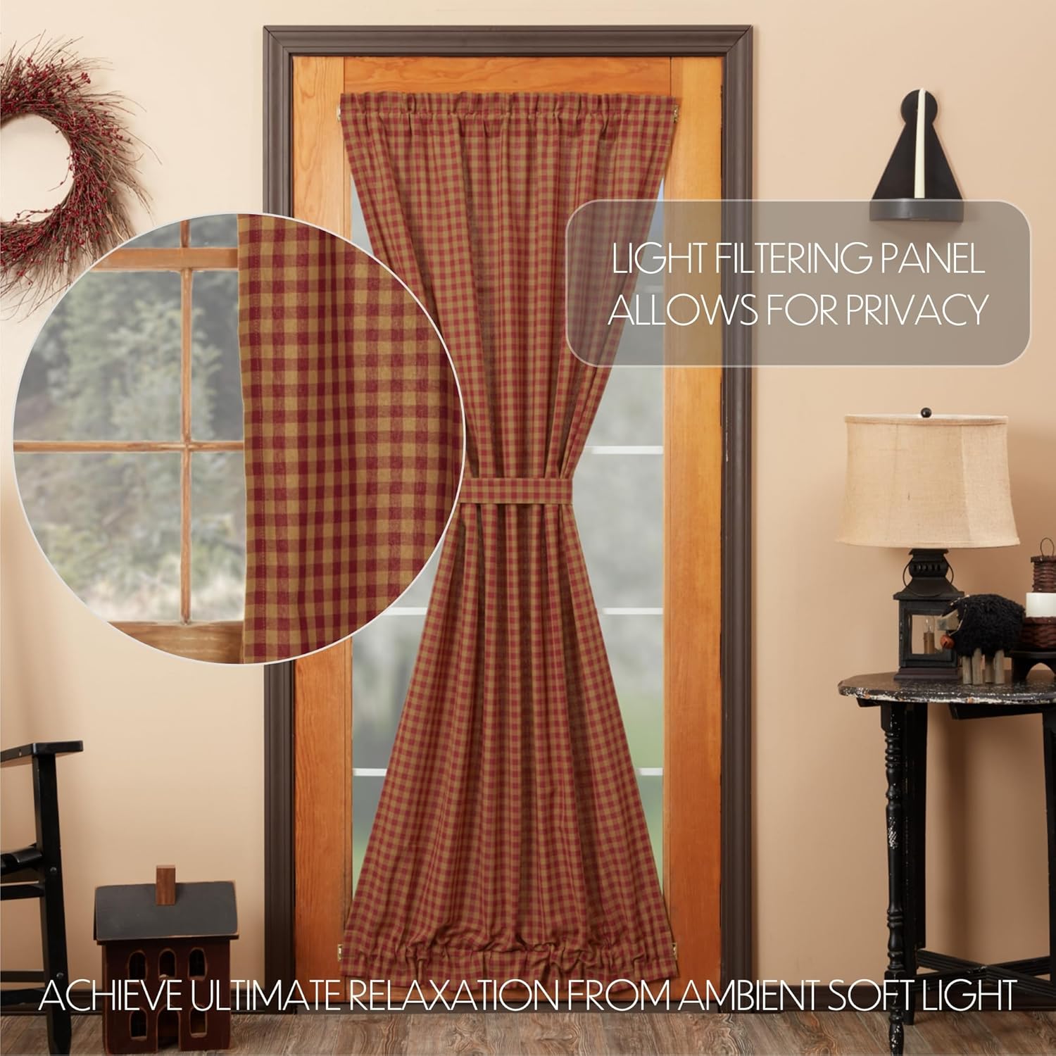 VHC Brands Burgundy Check Door Panel 72x40 Red