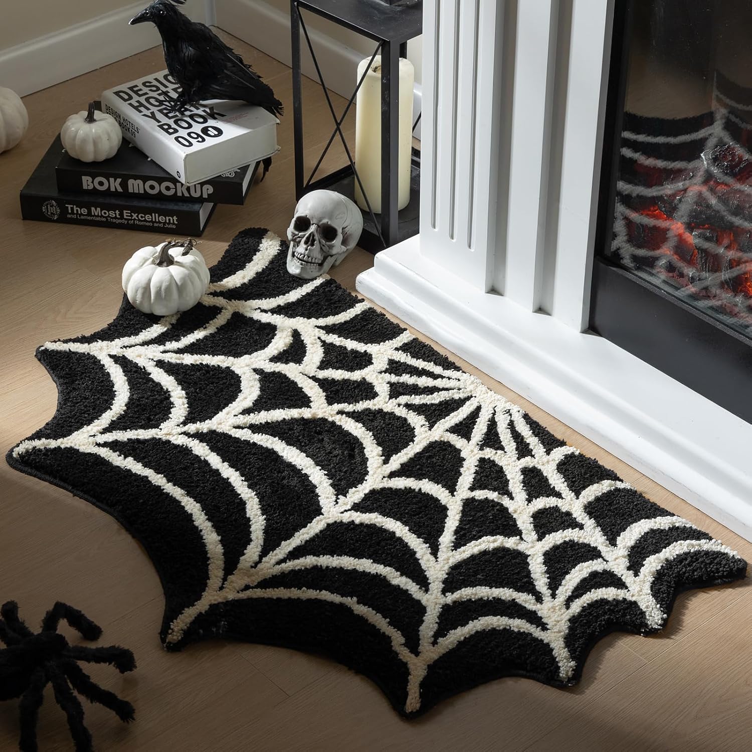 Ashler Black Spider Web Halloween Area Rug