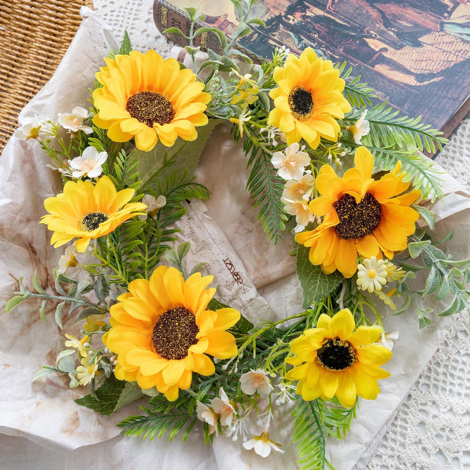 KHOYIME 13 Inch Sunflower Front Door Wreath