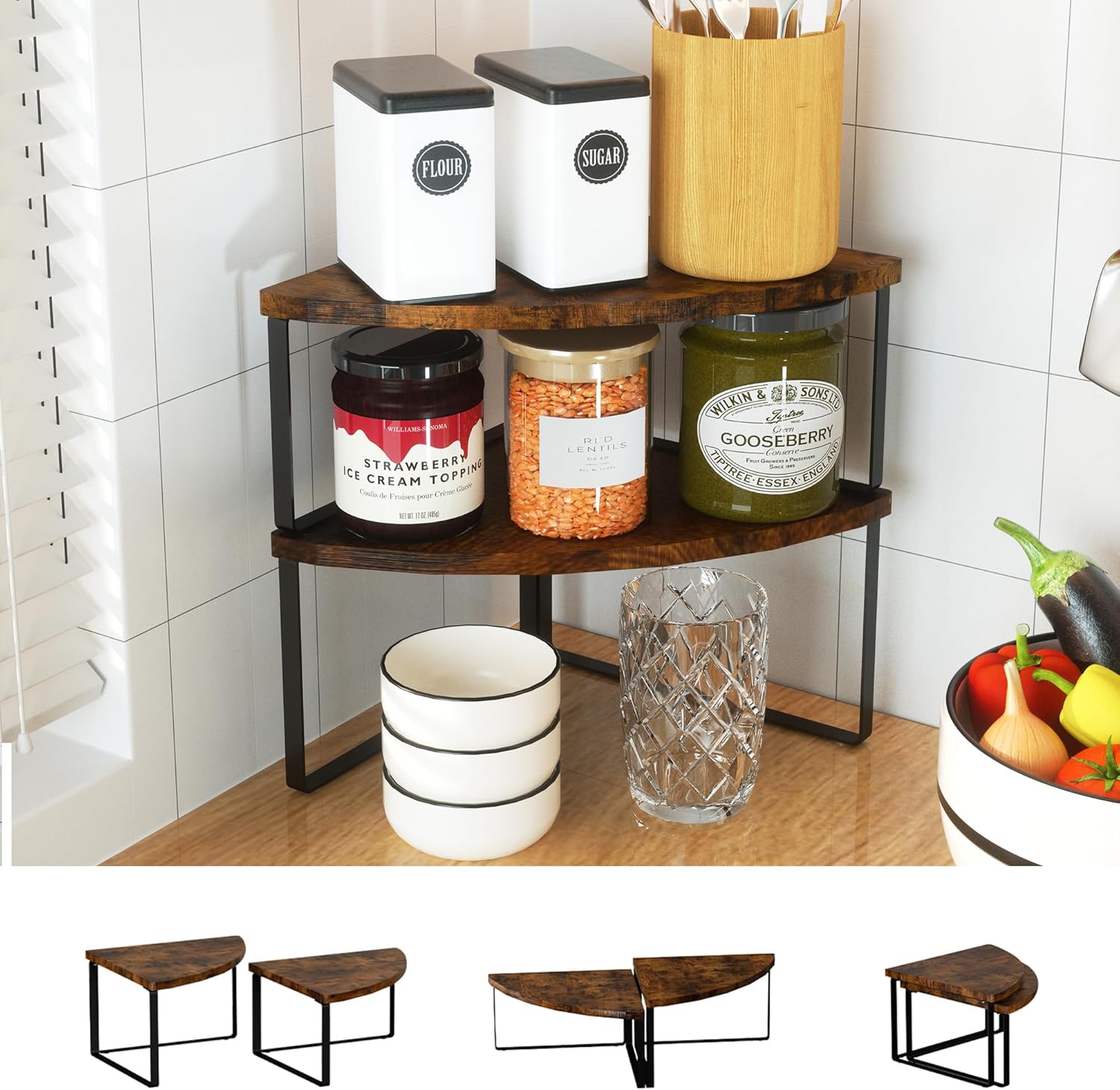 Golener Corner Shelf Countertop Organizer Set of 2 Rustic Brown