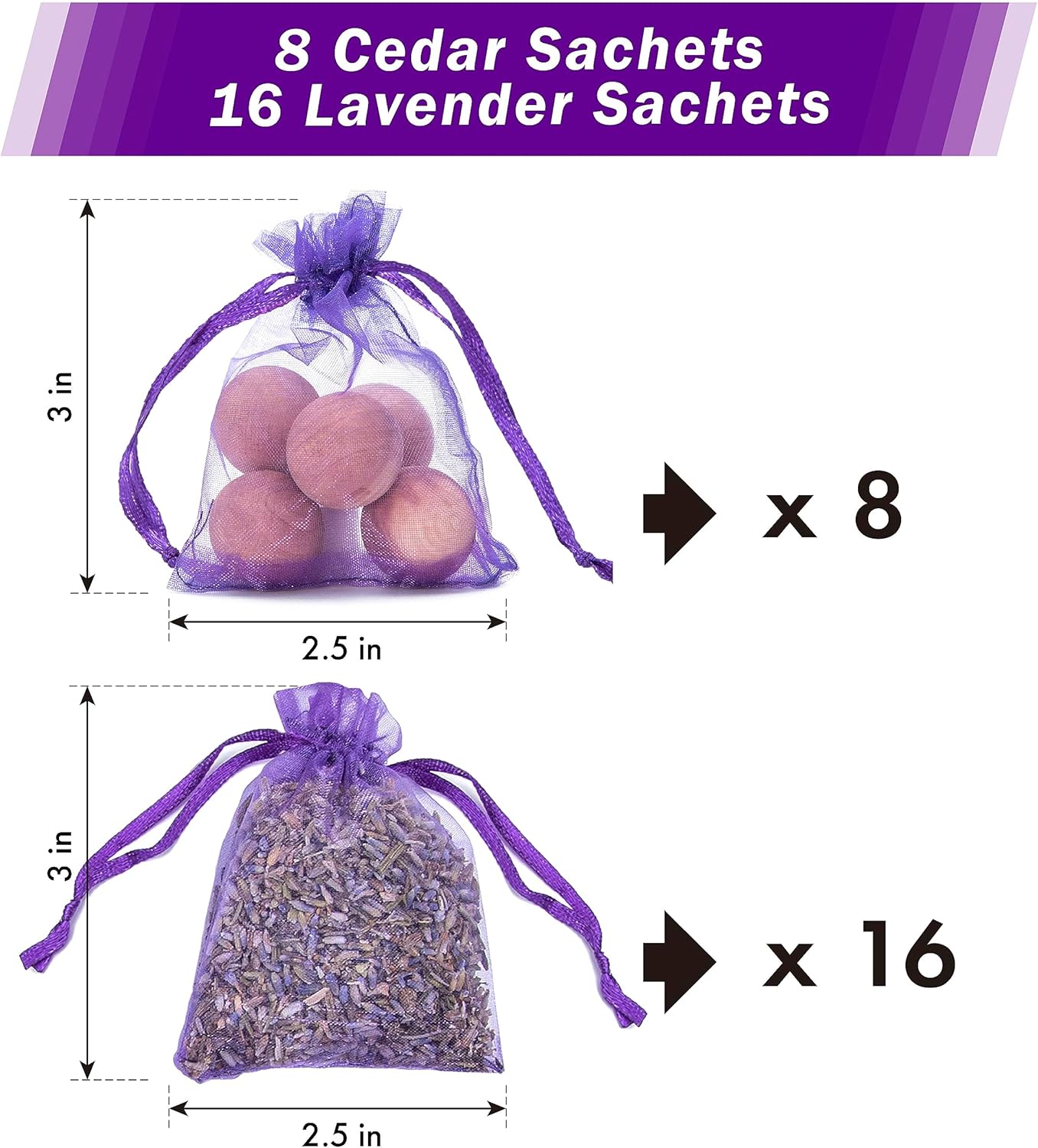 Pack of 24 Lavender Cedar Sachets Bag - 16 Lavender 8 Cedar