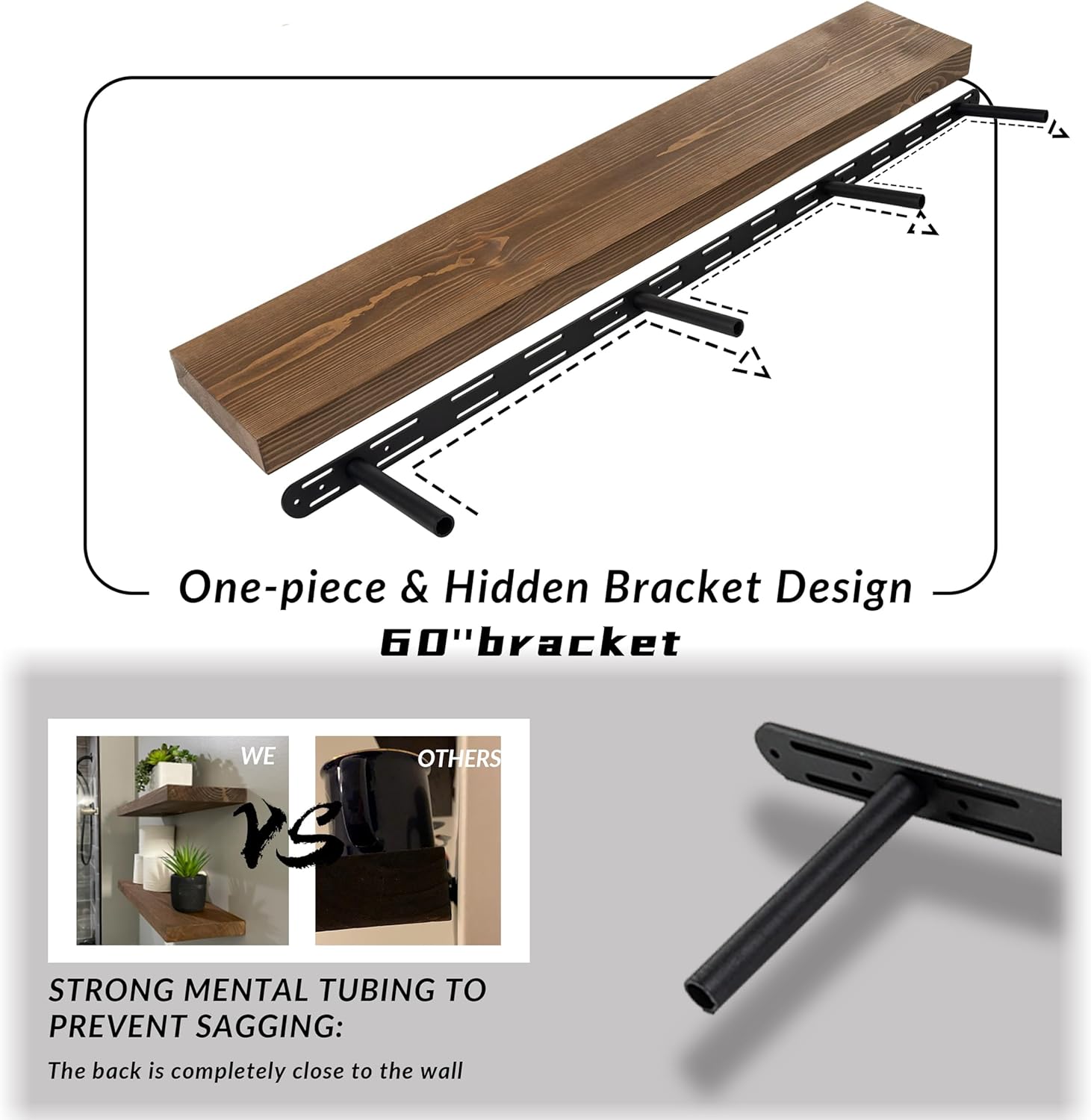 Rustic Floating Shelves 60 Inch Long Set of 2 Heavy Duty Wood
