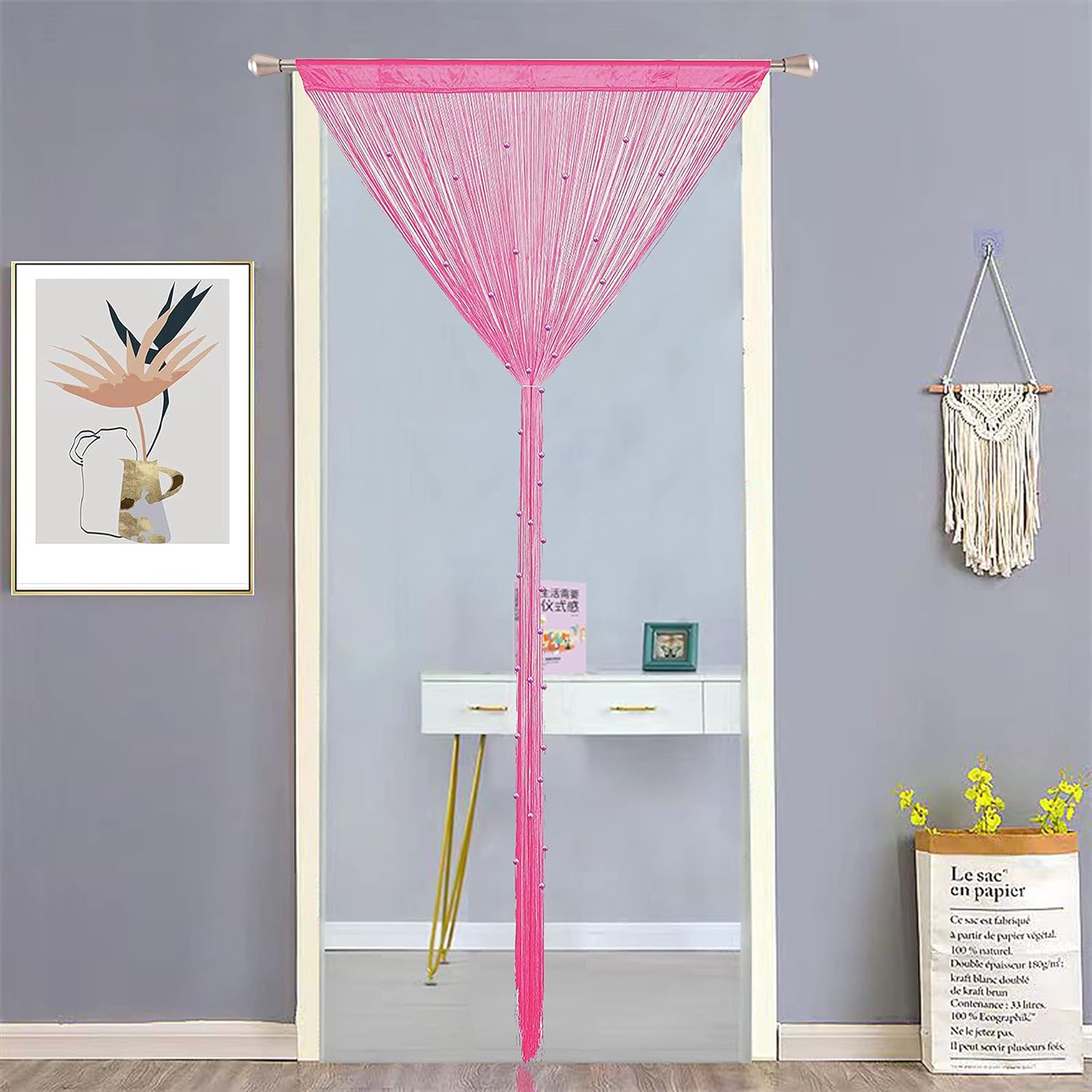 Beaded Curtain with Telescopic Rod Pink 100x200cm