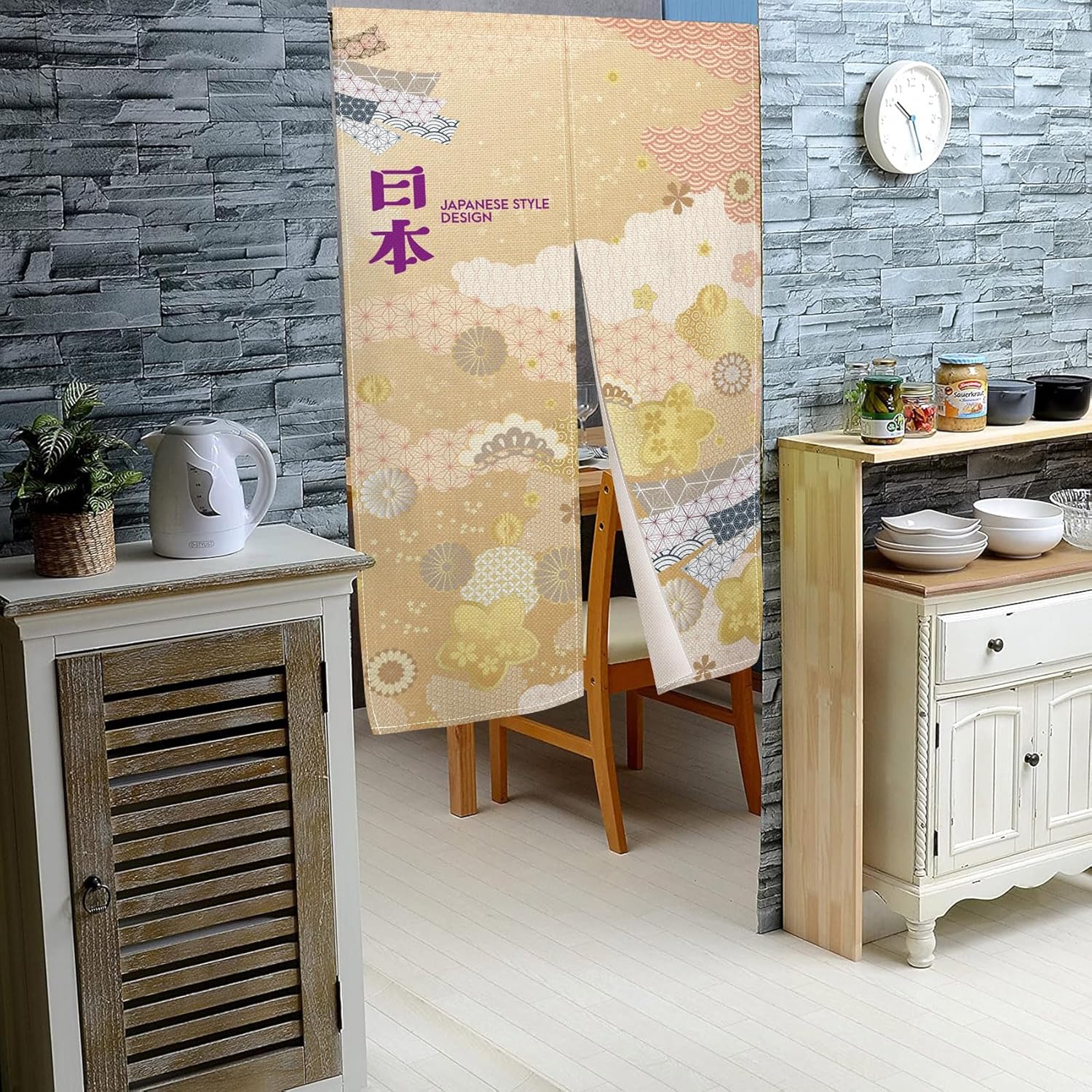 Japanese Style Noren Door Curtain with Flowers and Waves Pattern