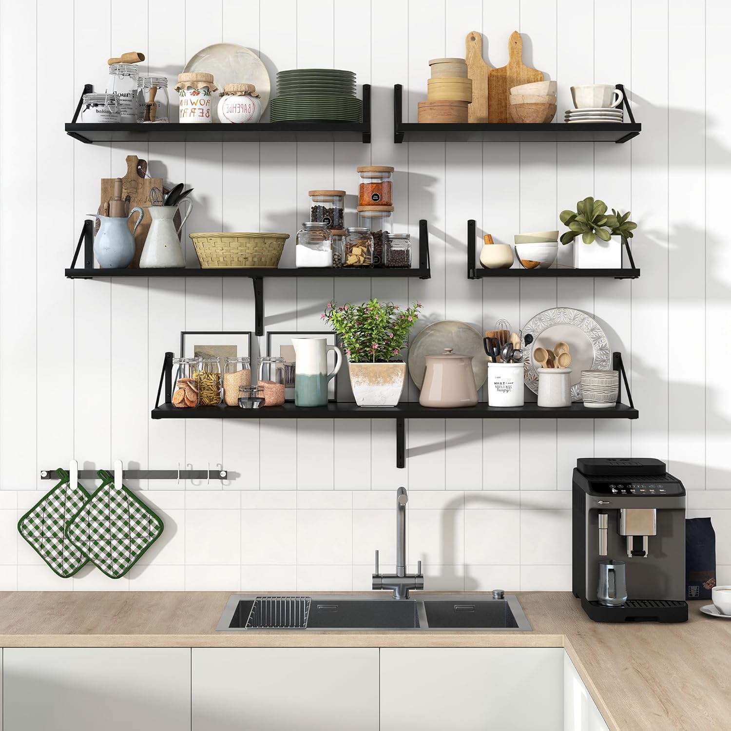 Marsmiles Black Floating Shelves Set of 2 12 Inch Deep Wood Wall Mount