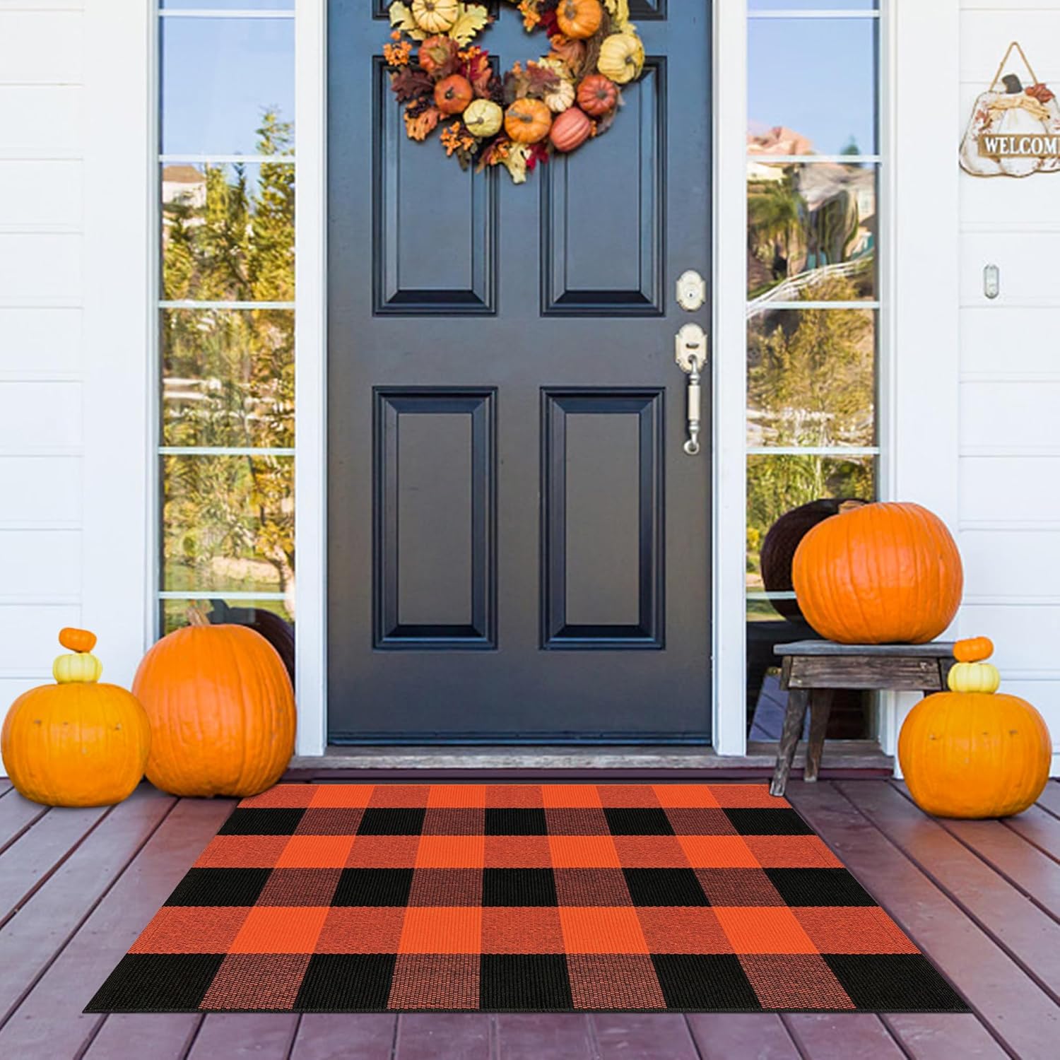 Orange and Black Buffalo Plaid Outdoor Rug 2x3 Cotton Woven Area Rug