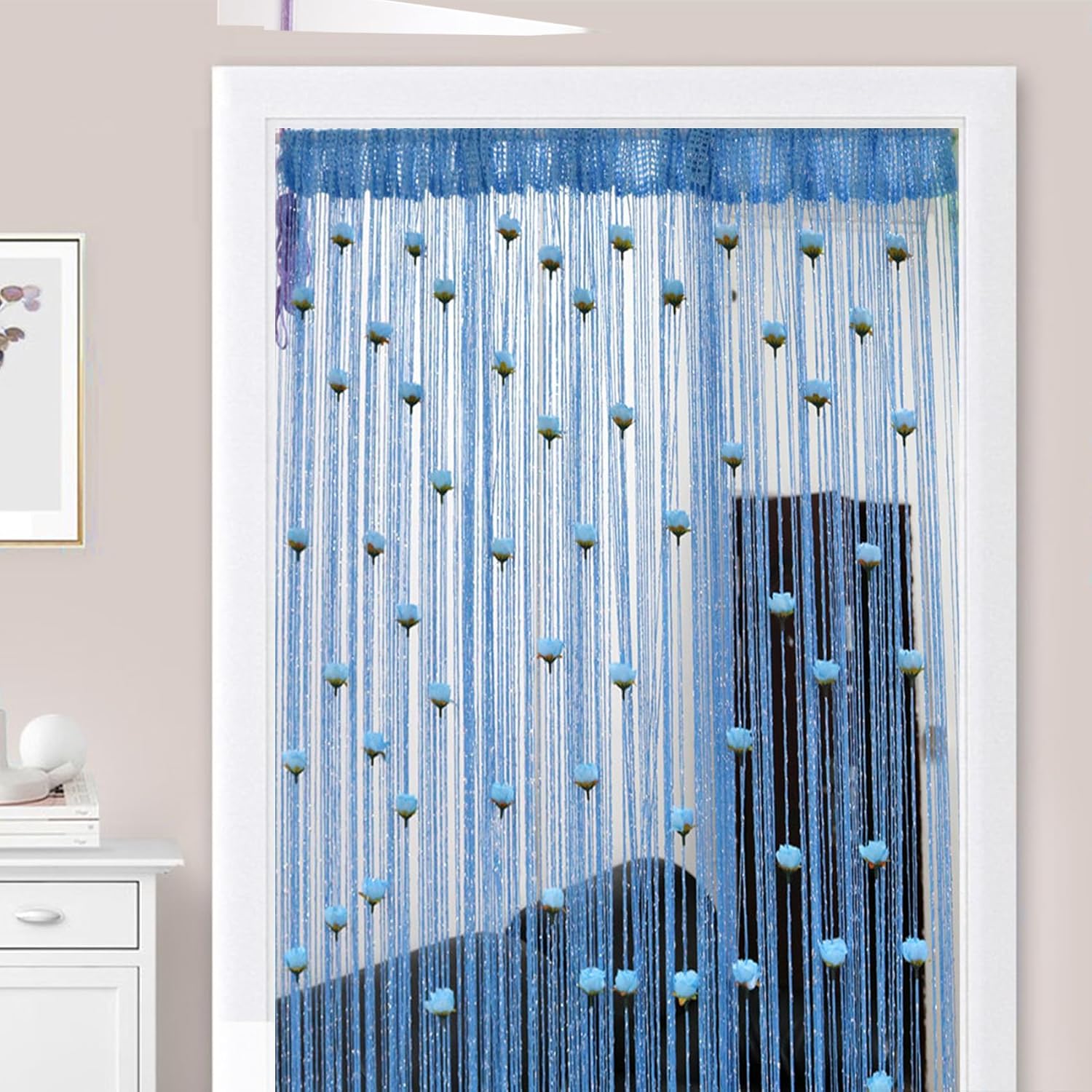 Rose Thread Door Curtain with Blue Tassels
