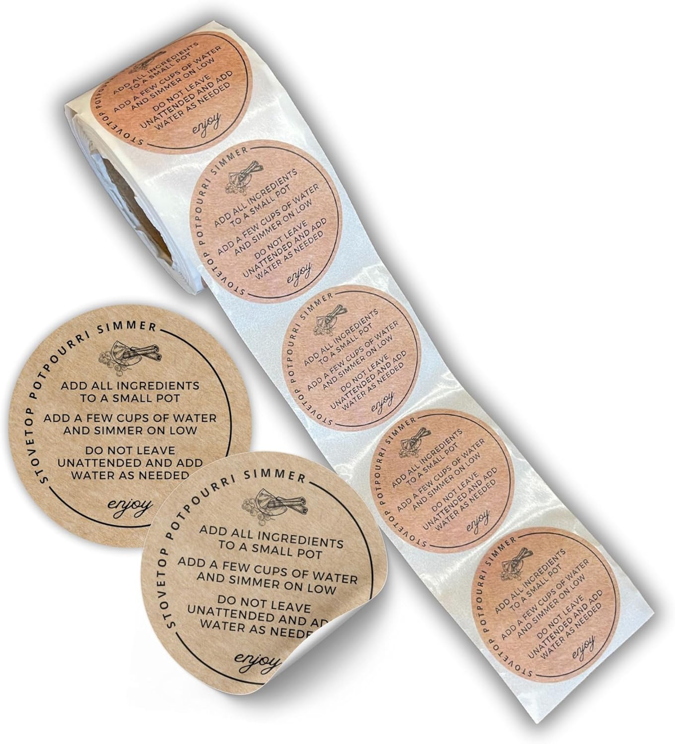 Stovetop Potpourri Instruction Labels 250pc Roll 2 Inch Circle Brown Boho Kraft Design