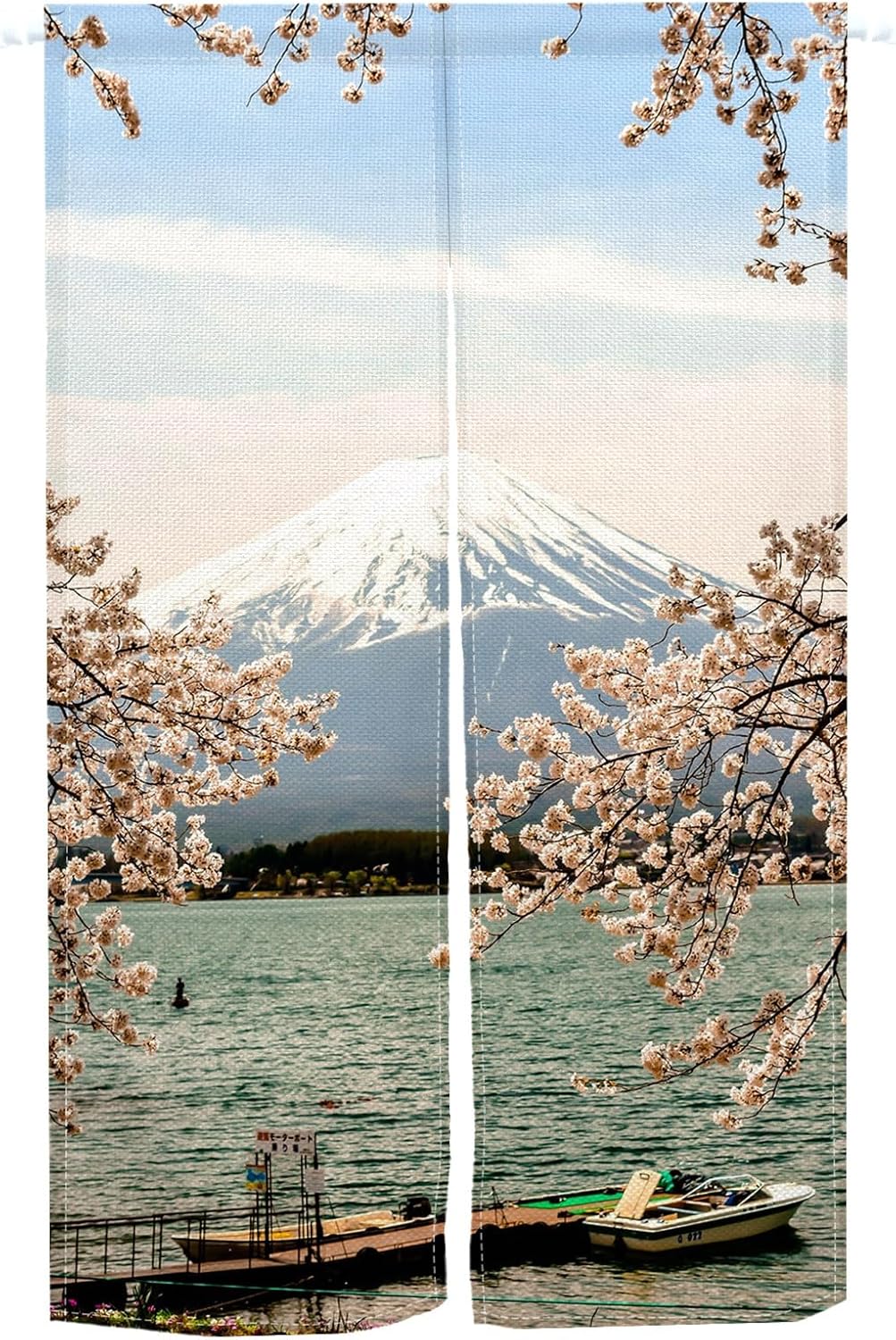 Traditional Japanese Noren Door Curtain with Mount Fuji Cherry Blossom Design