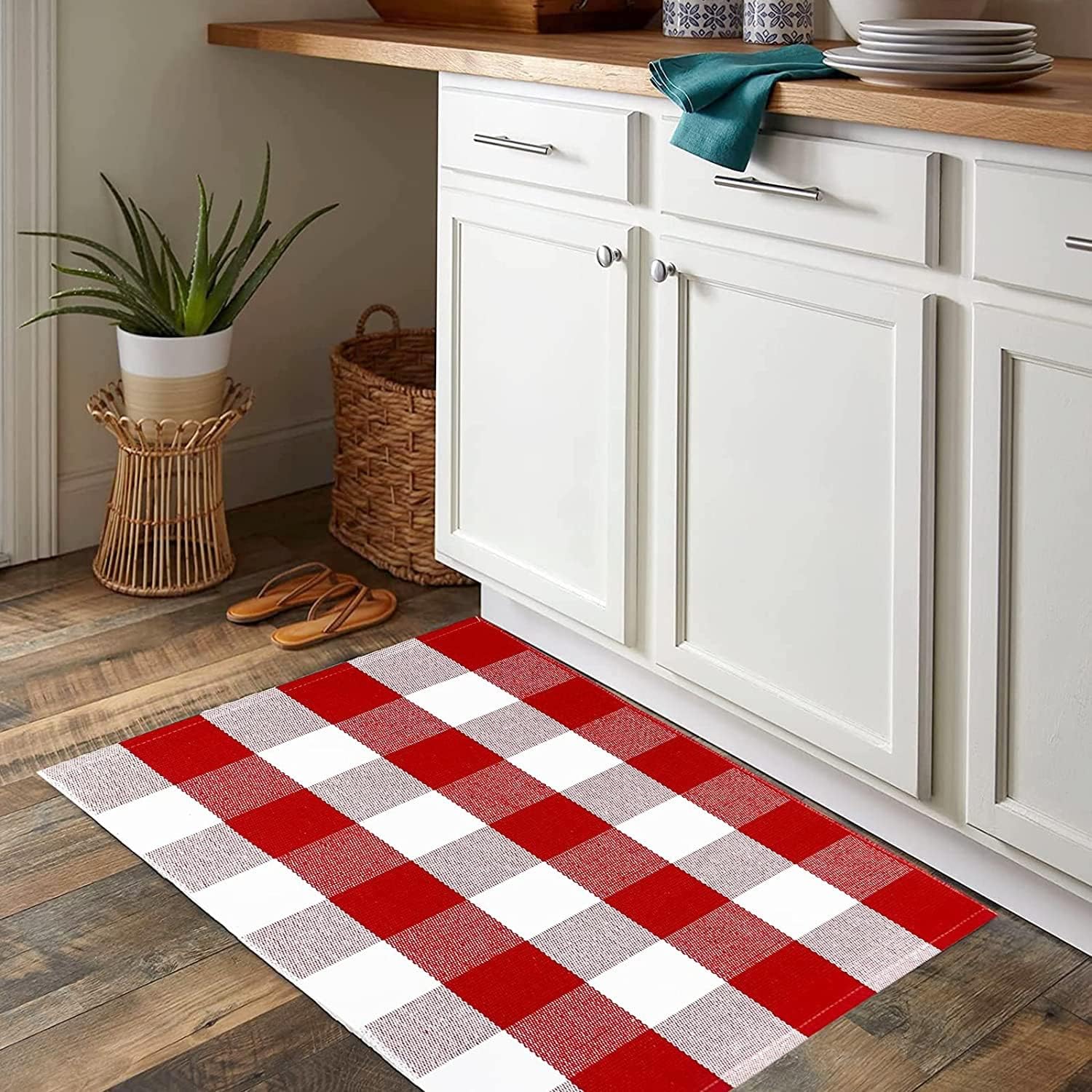 USTIDE Buffalo Check Plaid Doormat Red White 2x3