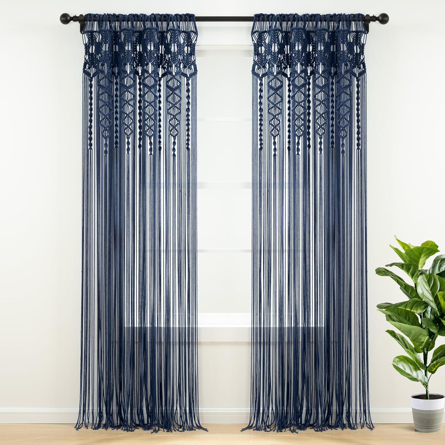 Boho Macrame Cotton Curtain Panel 40x84 Navy