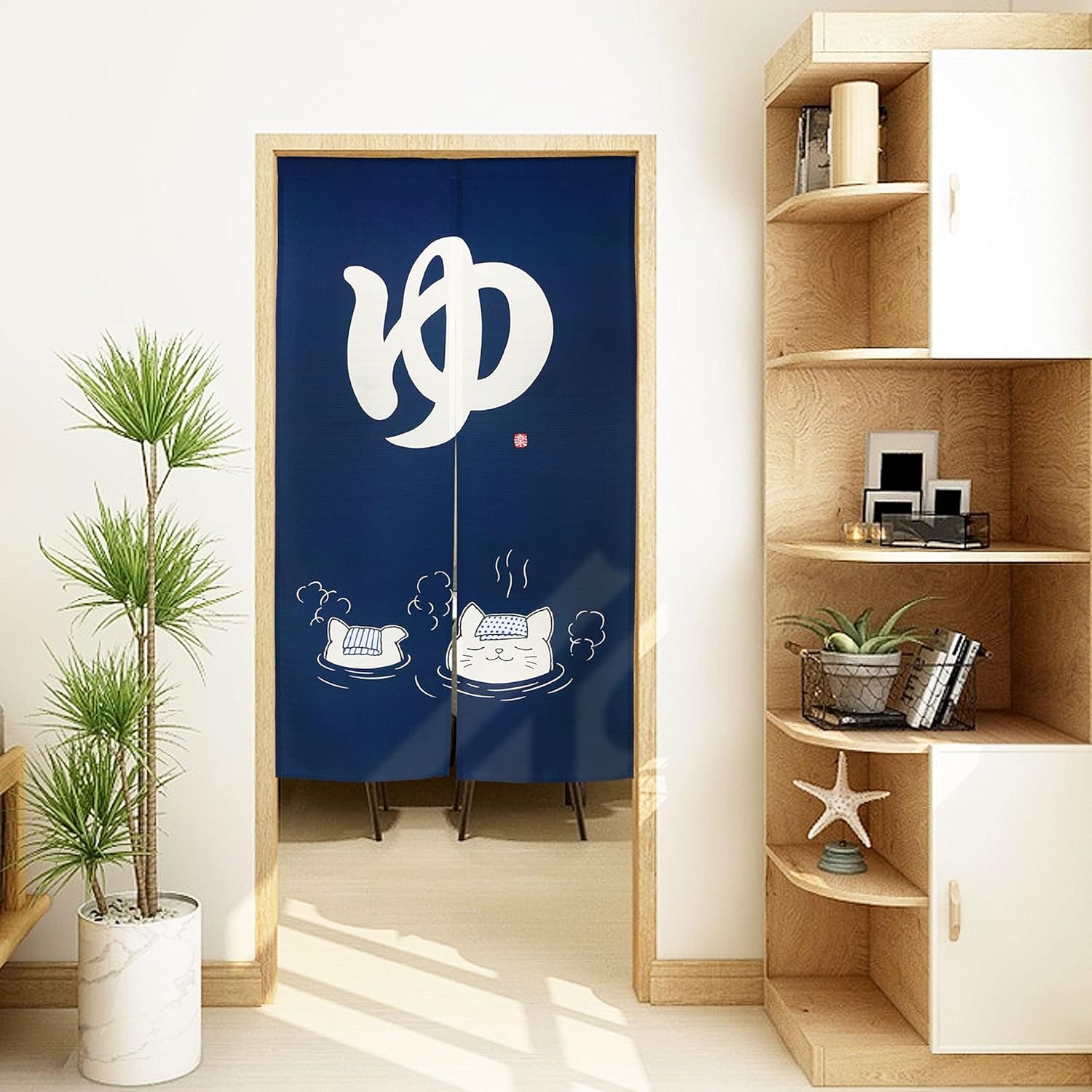 LIGICKY Noren Door Curtain with Two Cats Bathing Pattern Navy Blue