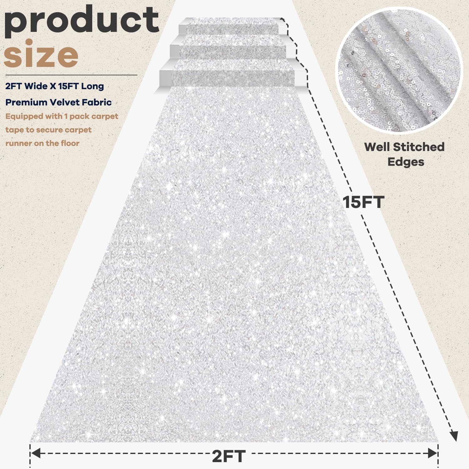Silver Sequins Aisle Runner Rug 2ftx15ft Bling Wedding Runner