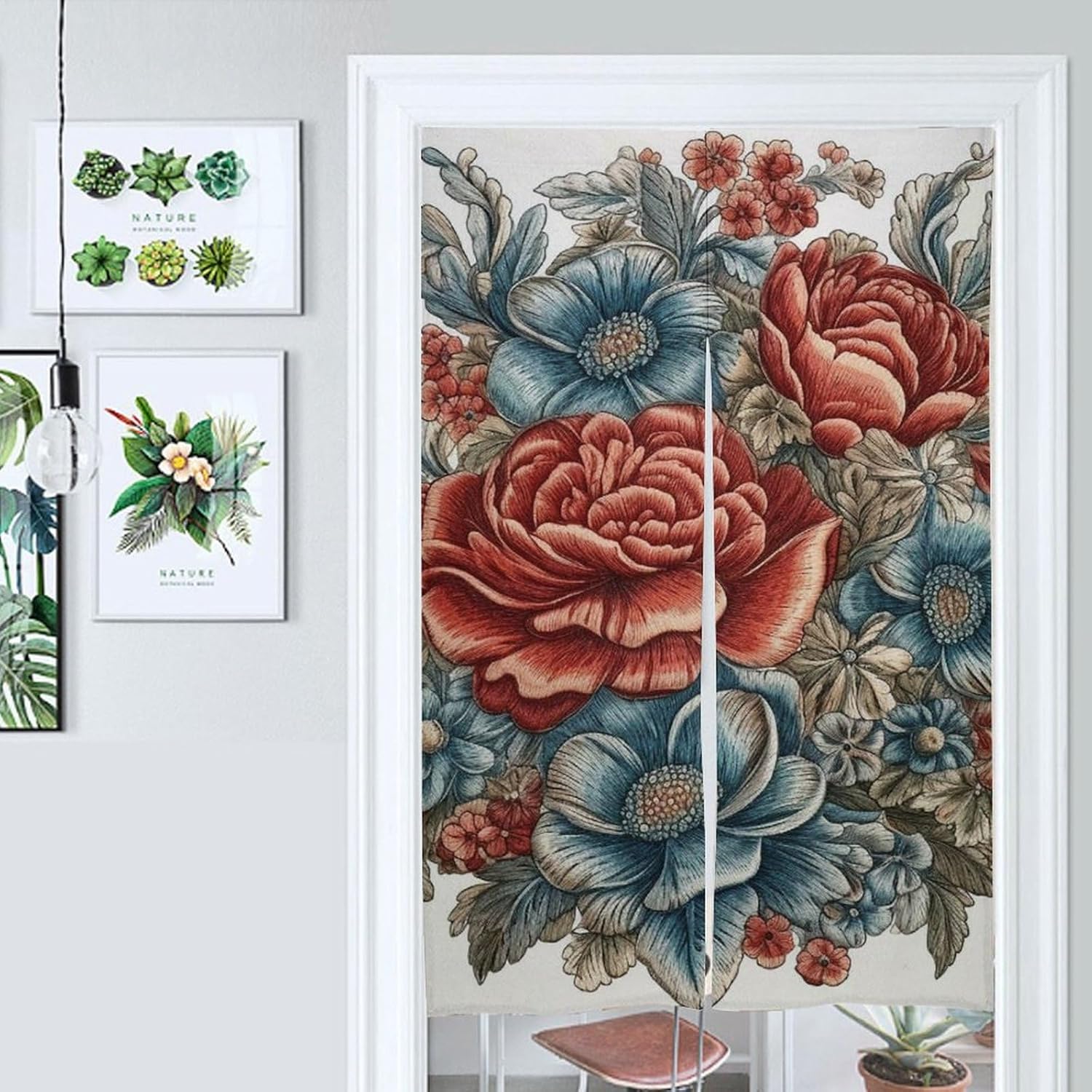Japanese Noren Door Curtain with Blue and Red Flowers