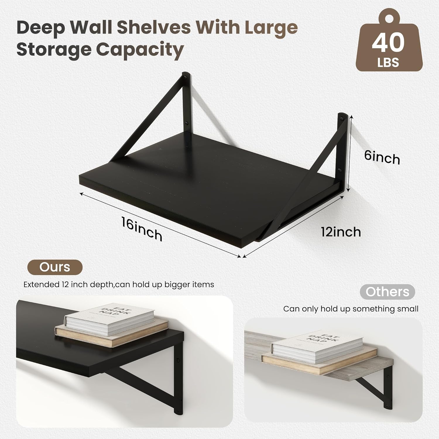 Marsmiles Black Floating Shelves Set of 2 12 Inch Deep Wood Wall Mount