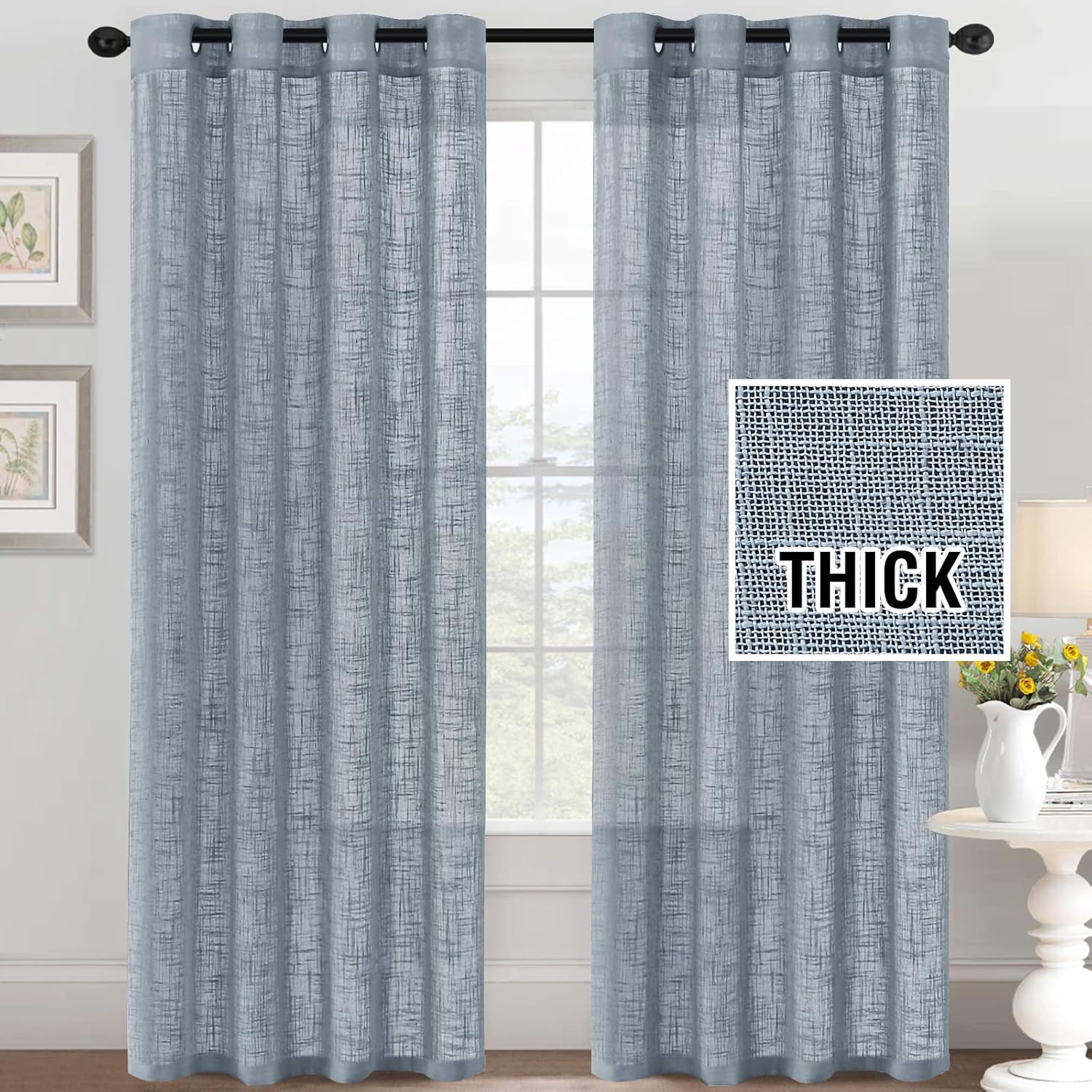HVERSAILTEX Stone Blue Linen Curtains 2 Panel Set