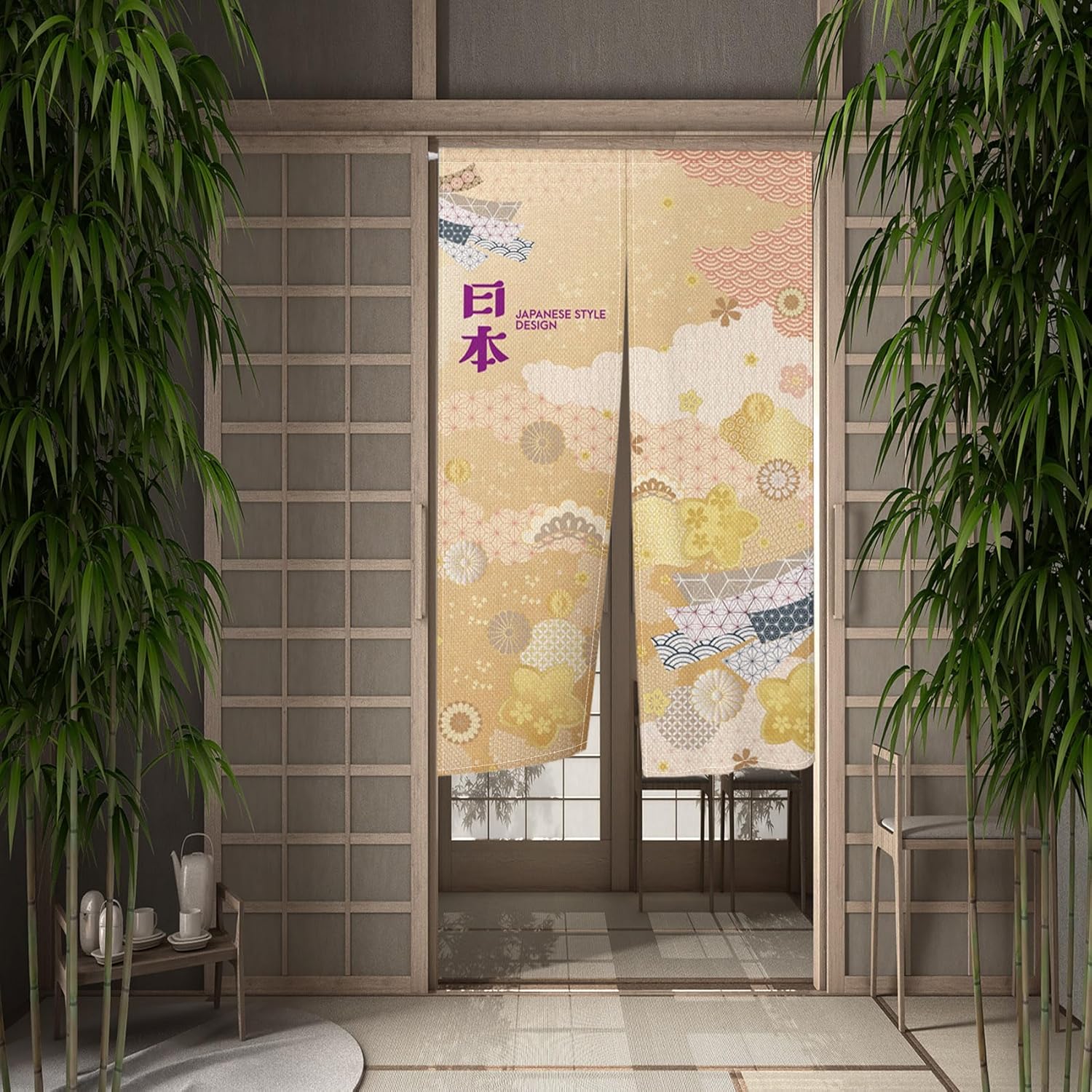 Japanese Style Noren Door Curtain with Flowers and Waves Pattern