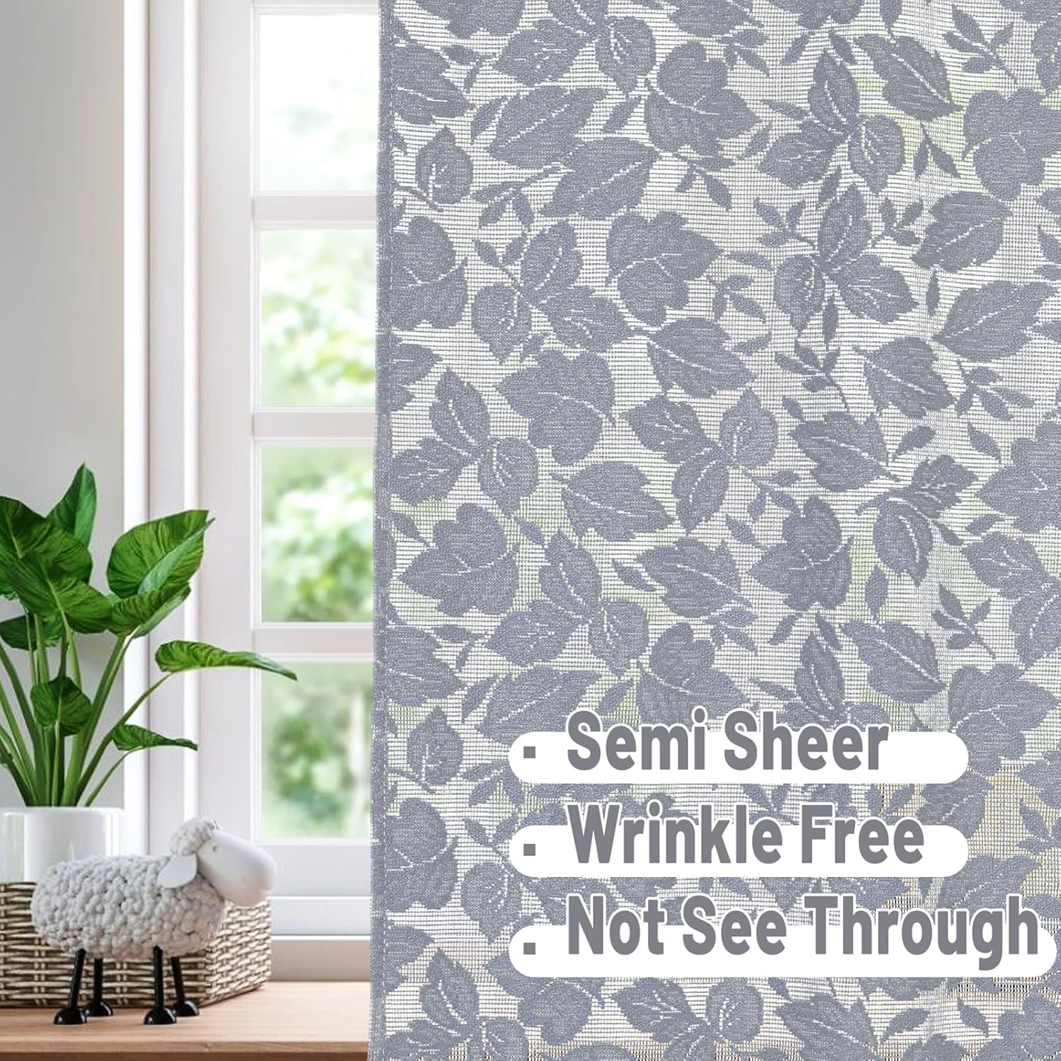 Lace French Door Curtain Grey Leaves 72 Inch 2 Pack