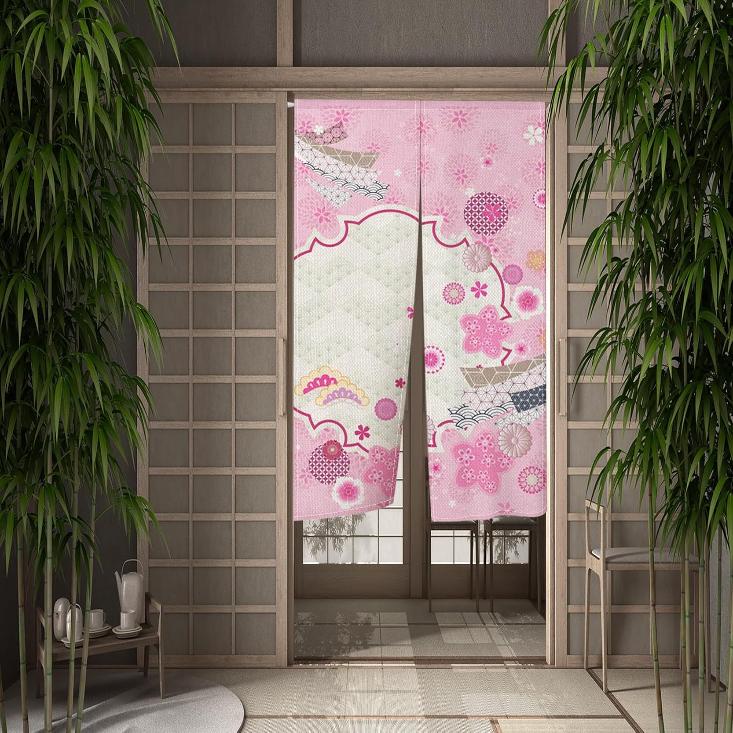 Traditional Japanese Noren Door Curtain with Pink Flowers Print