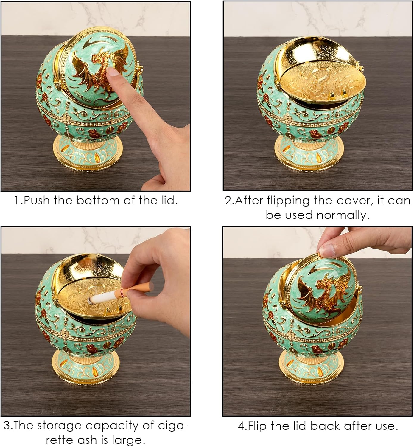 Dragon Ashtray with Lid - Zinc Alloy Windproof Decor